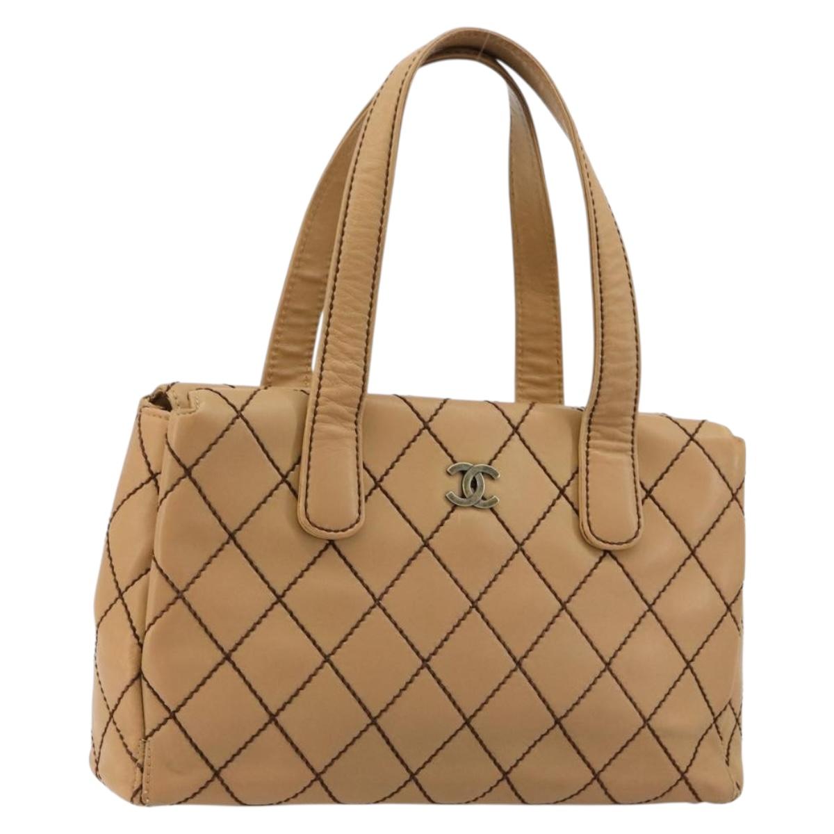 CHANEL Wild Stitch Hand Bag Leather Beige CC Auth mr2476A