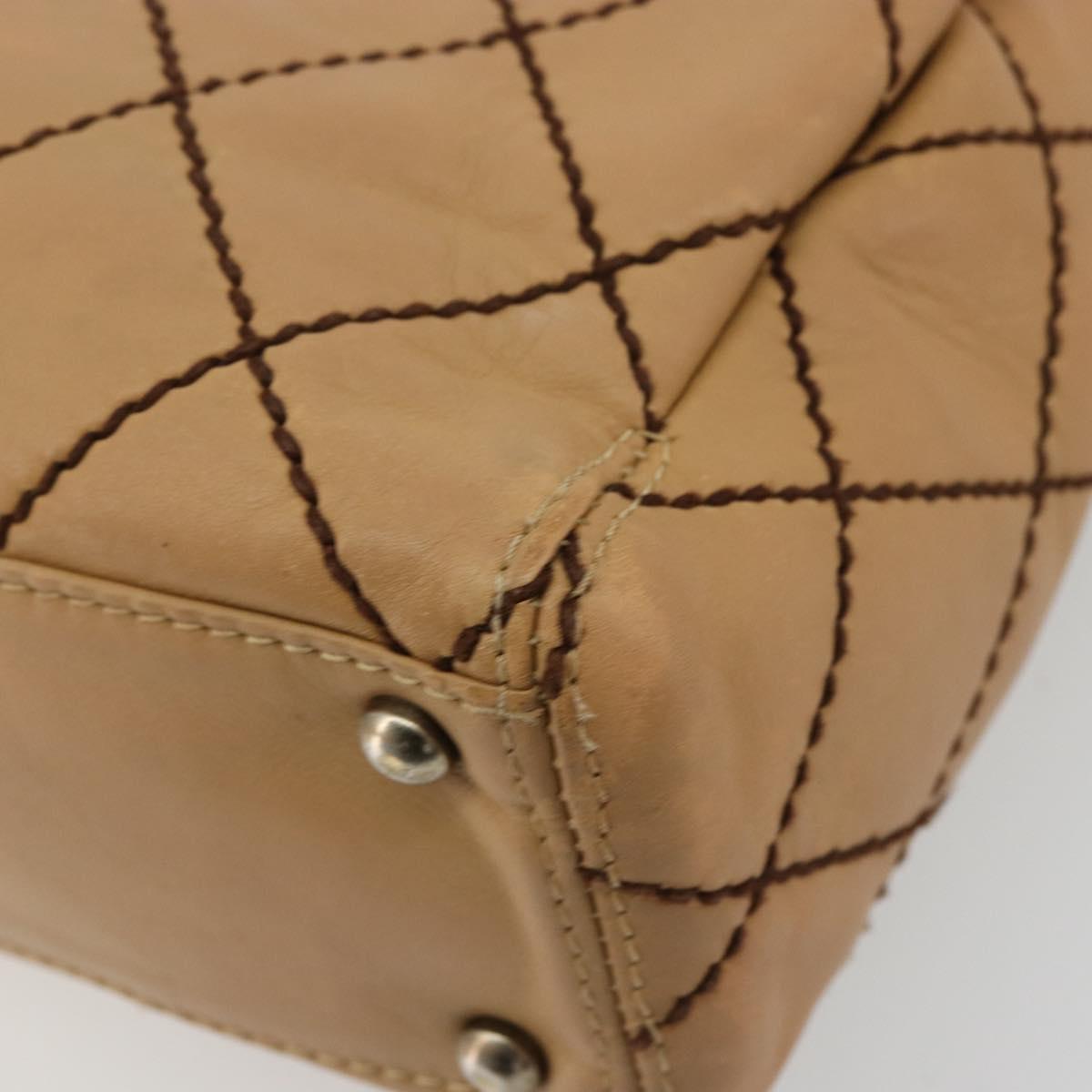 CHANEL Wild Stitch Hand Bag Leather Beige CC Auth mr2476A