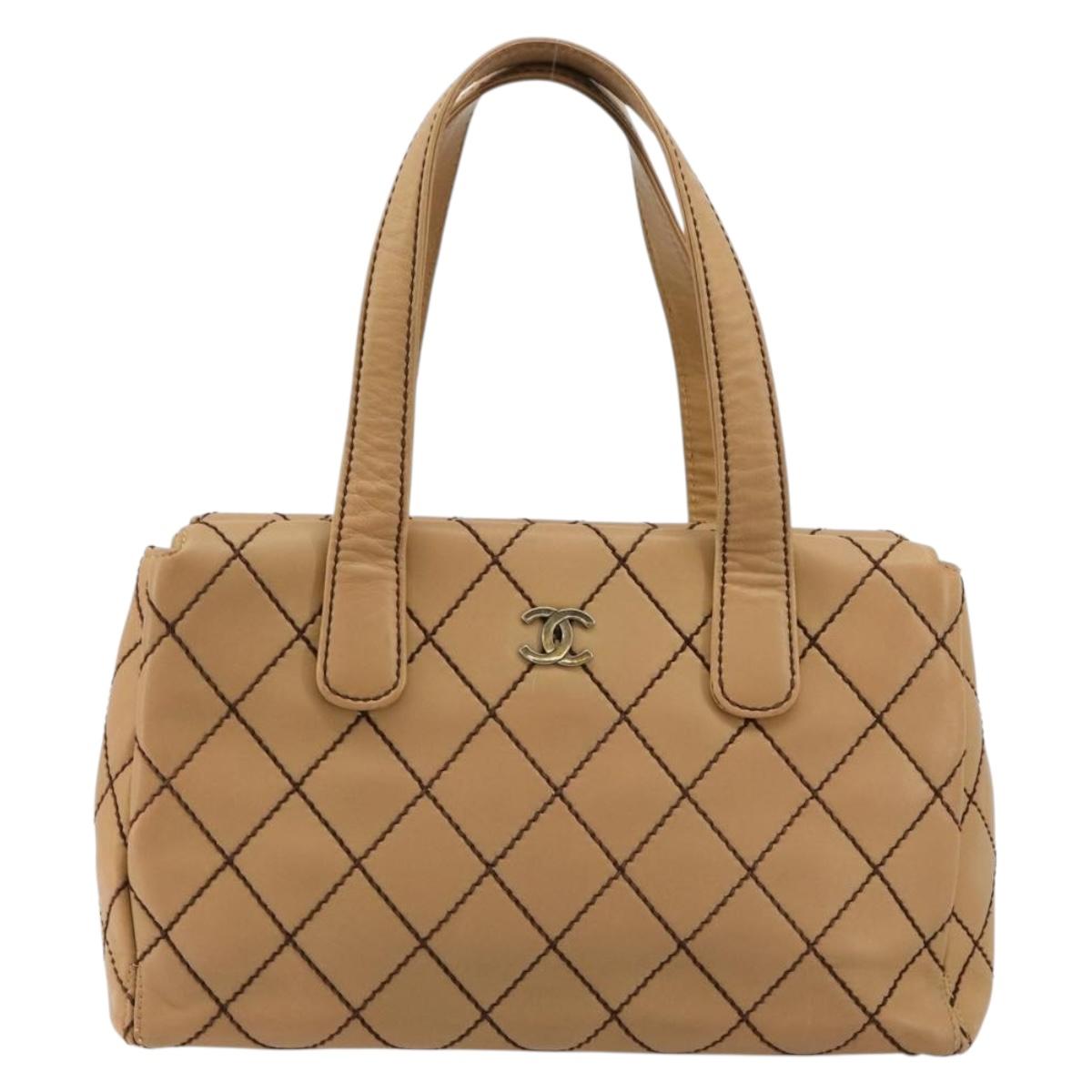 CHANEL Wild Stitch Hand Bag Leather Beige CC Auth mr2476A