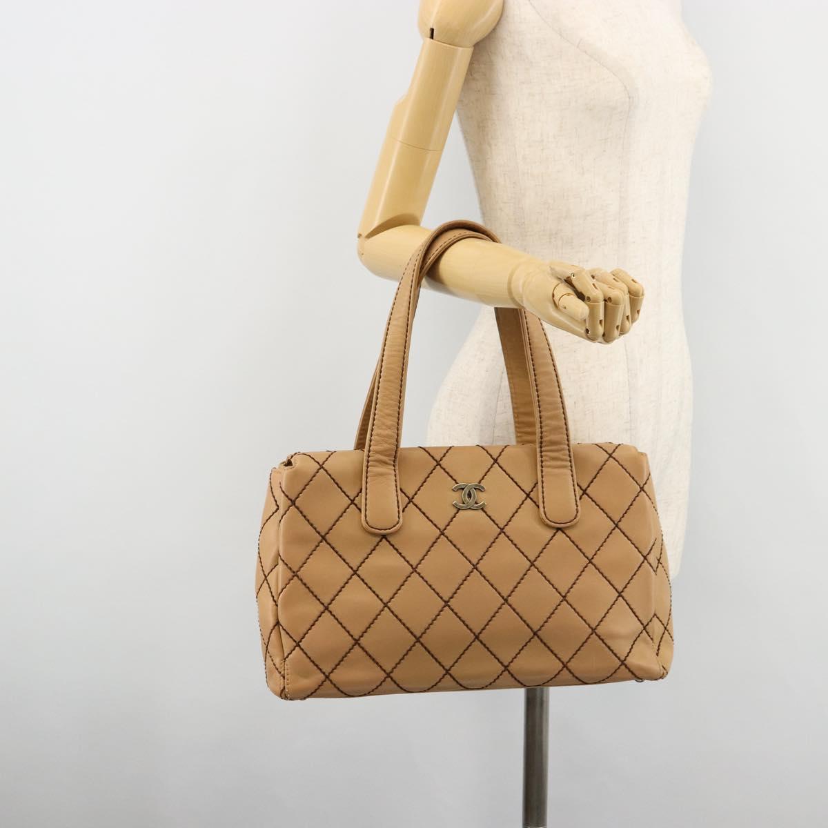 CHANEL Wild Stitch Hand Bag Leather Beige CC Auth mr2476A
