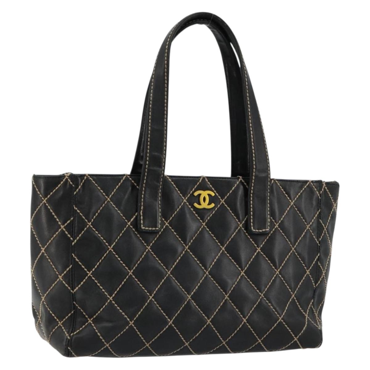 CHANEL Wild Stitch Hand Bag Leather Black Gold CC Auth mr2477A