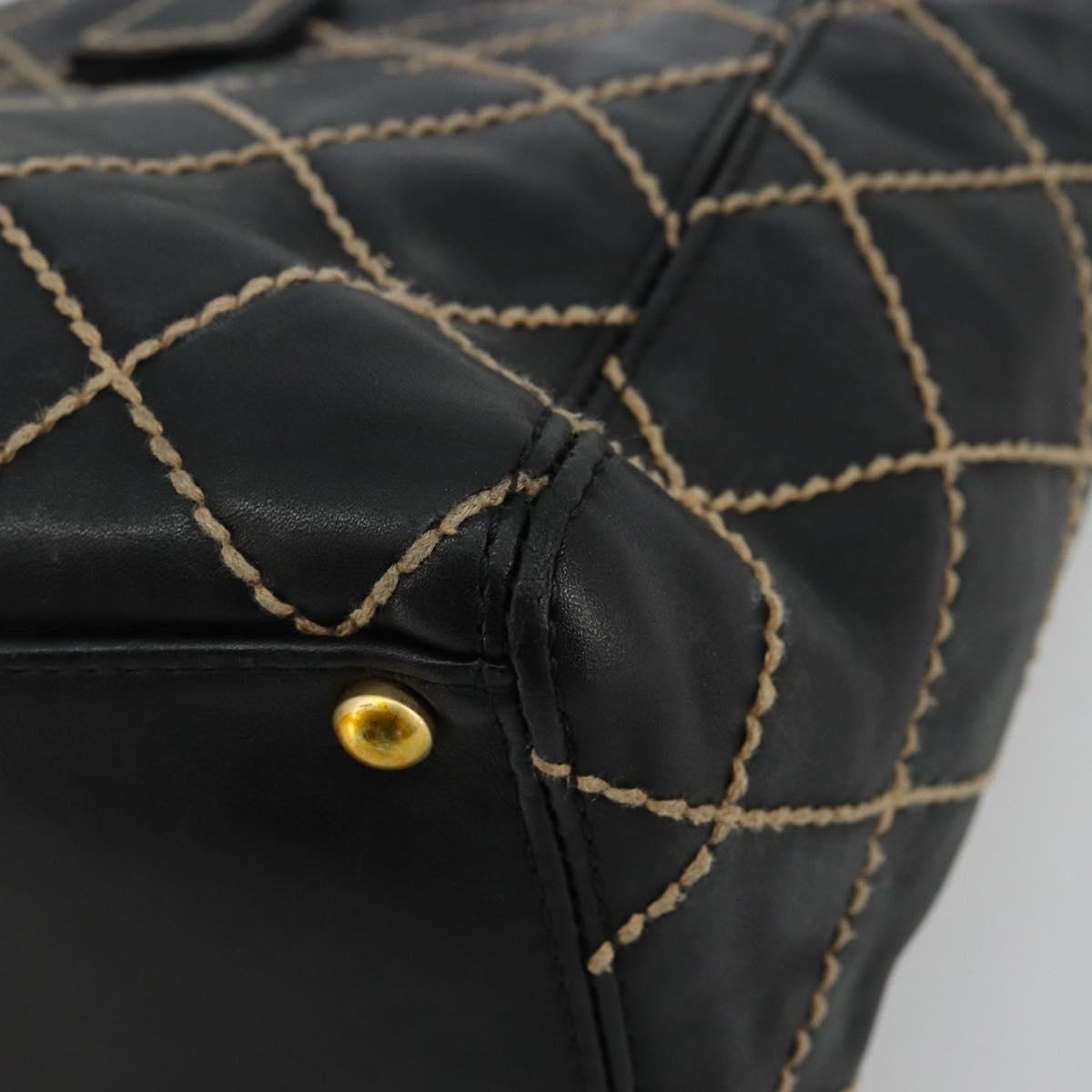 CHANEL Wild Stitch Hand Bag Leather Black Gold CC Auth mr2477A