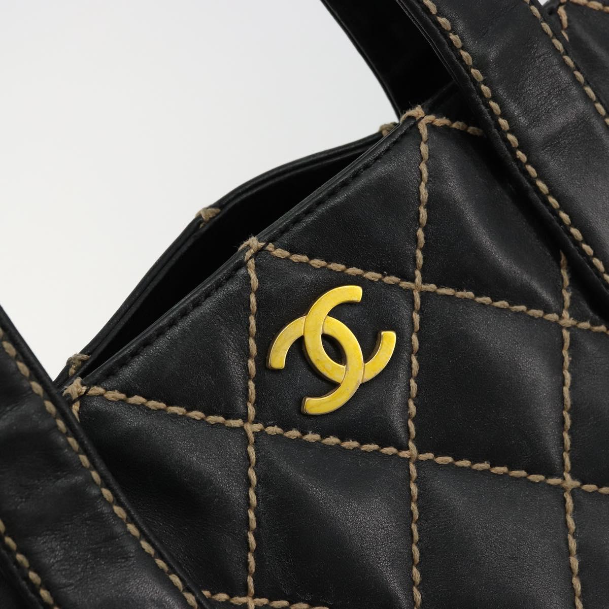 CHANEL Wild Stitch Hand Bag Leather Black Gold CC Auth mr2477A