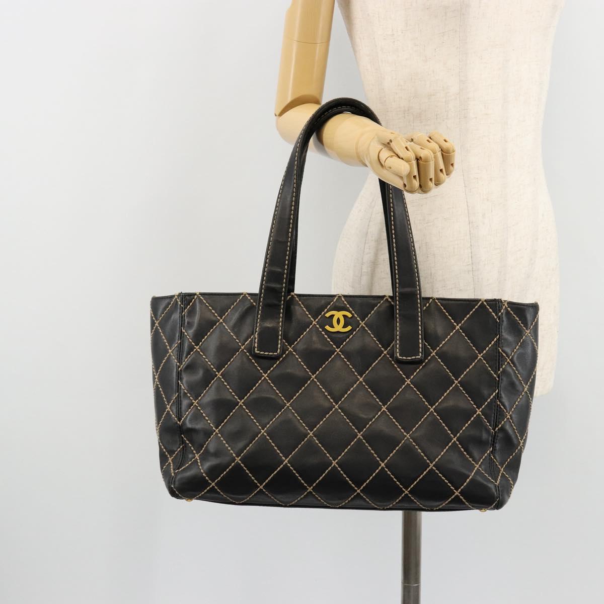 CHANEL Wild Stitch Hand Bag Leather Black Gold CC Auth mr2477A