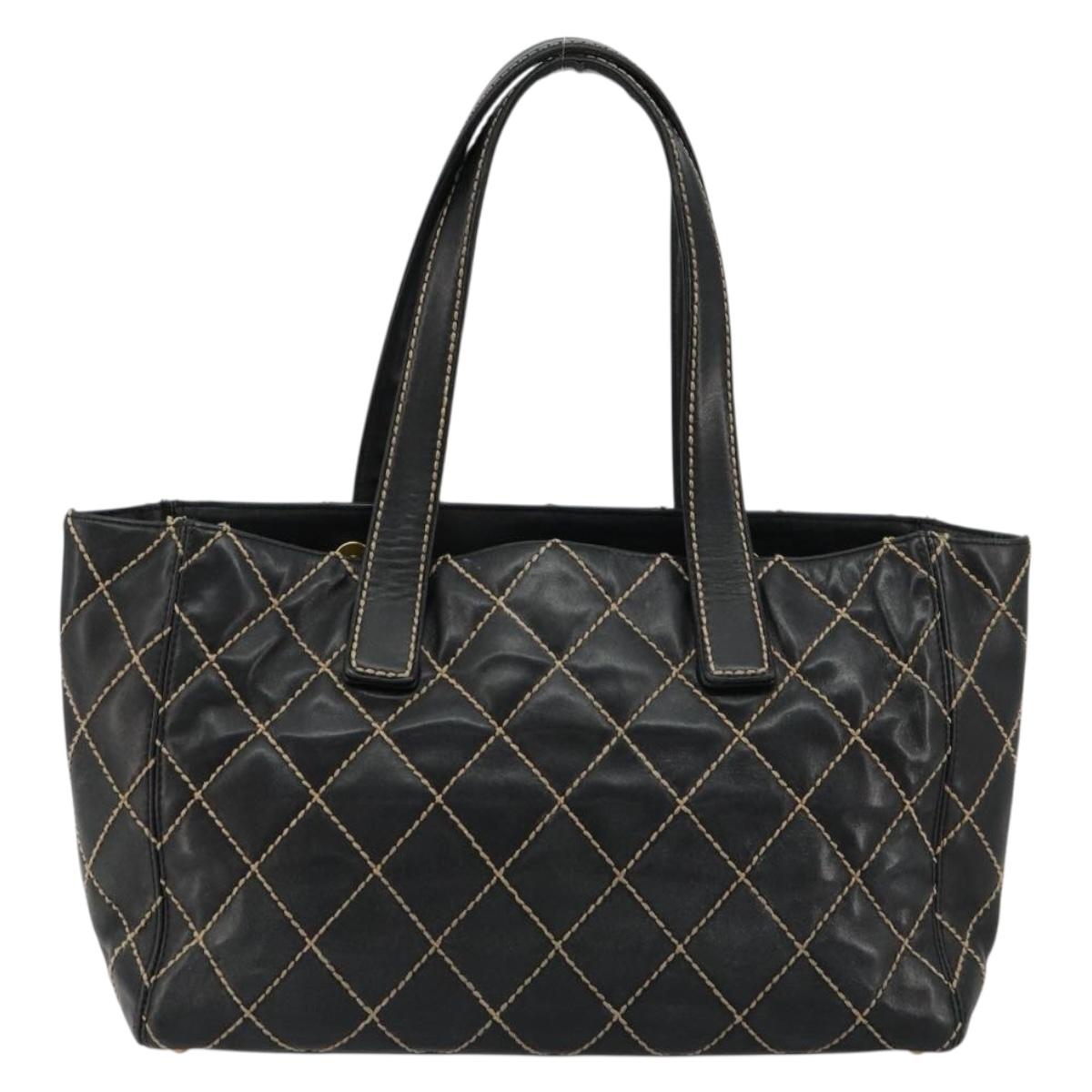 CHANEL Wild Stitch Hand Bag Leather Black Gold CC Auth mr2477A