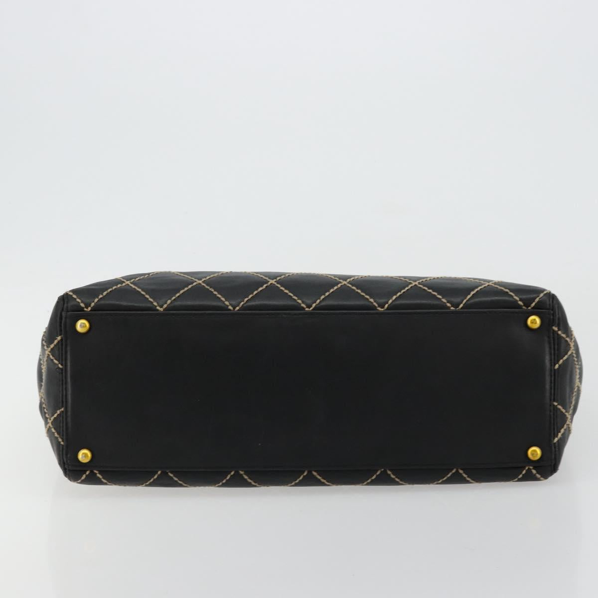 CHANEL Wild Stitch Hand Bag Leather Black Gold CC Auth mr2477A