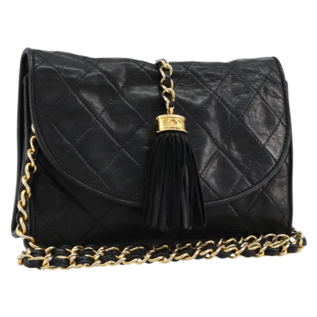 CHANEL Matelasse Chain Shoulder Bag Lamb Skin Black Gold CC Auth mr2484