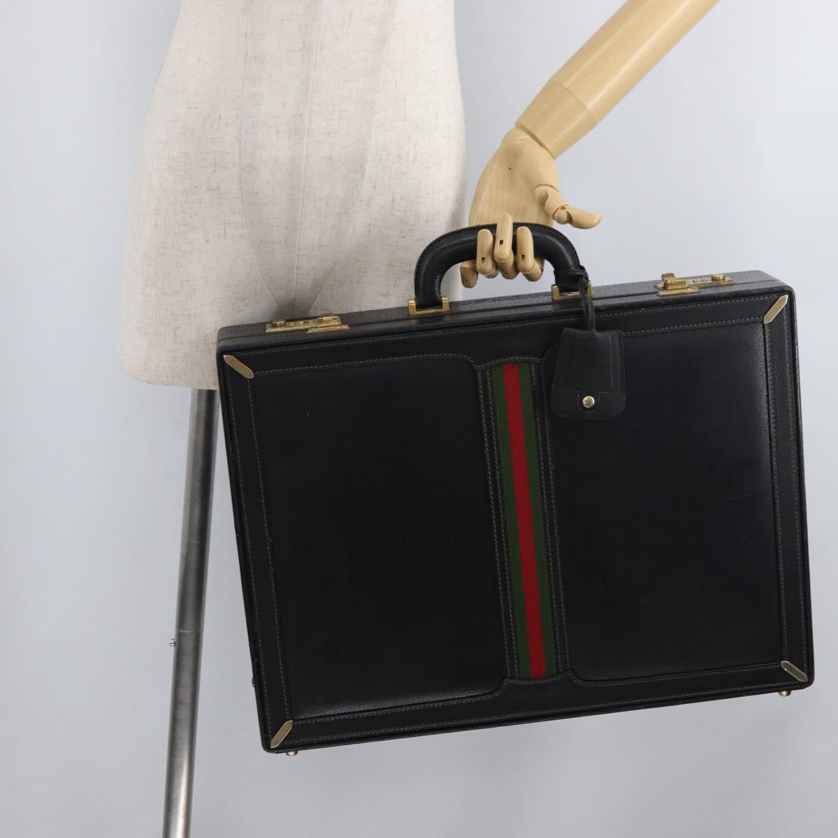 GUCCI Web Sherry Line Attache Case Leather Black Gold 016 067 1183 Auth mr2496