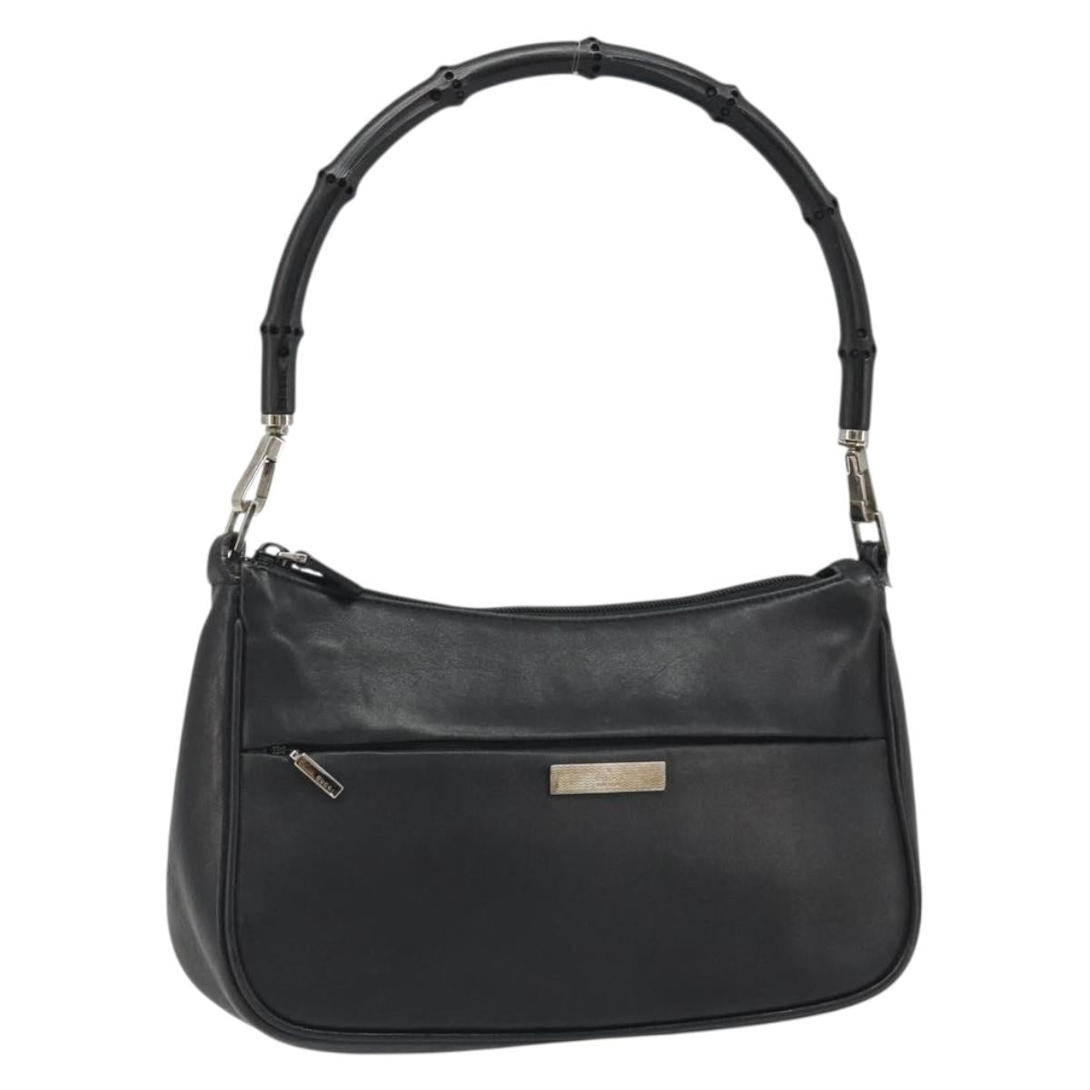 GUCCI Bamboo Shoulder Bag Leather Black Silver 001 3865 Auth mr2519V