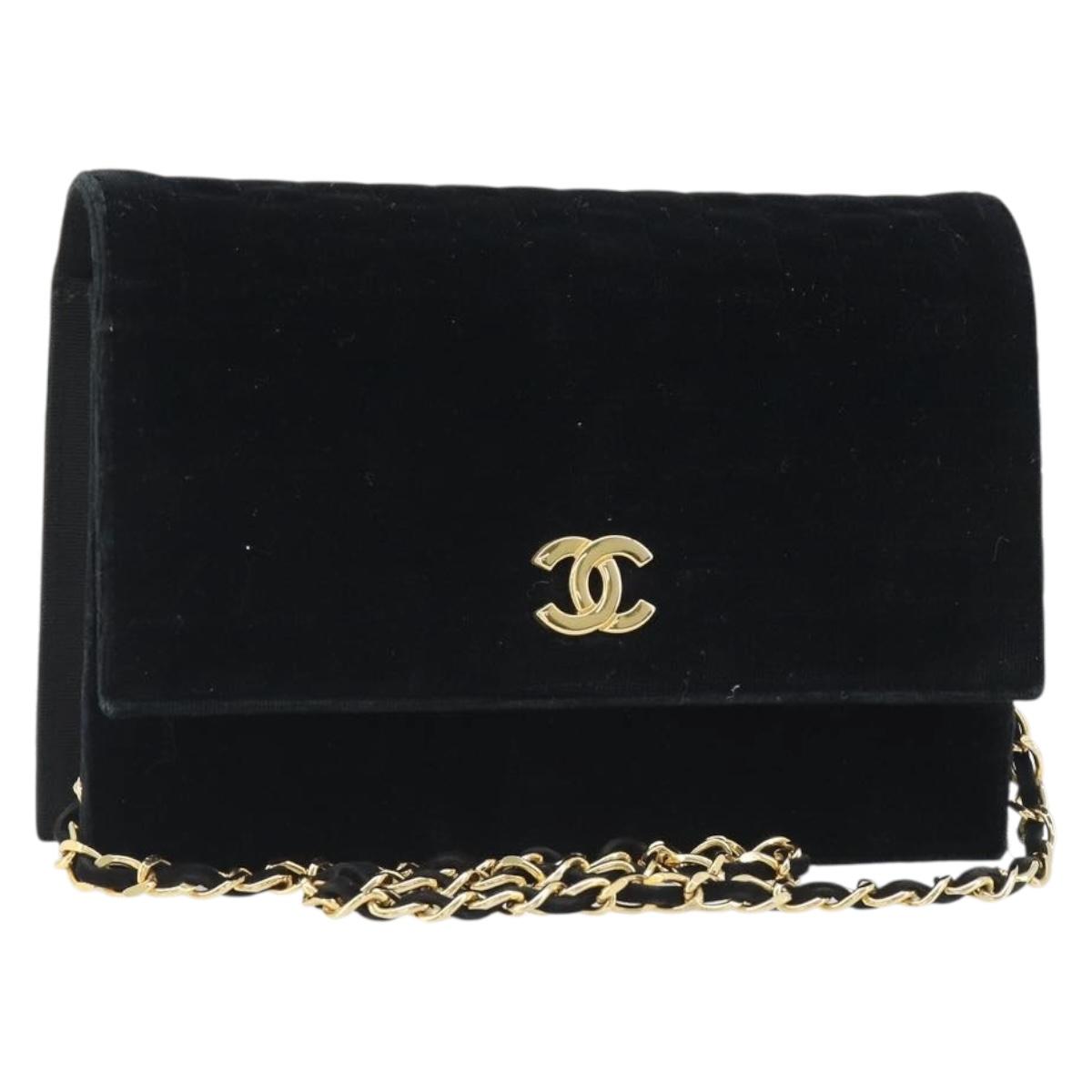 CHANEL Chain Shoulder Bag Velor Black Gold CC Auth mr2529