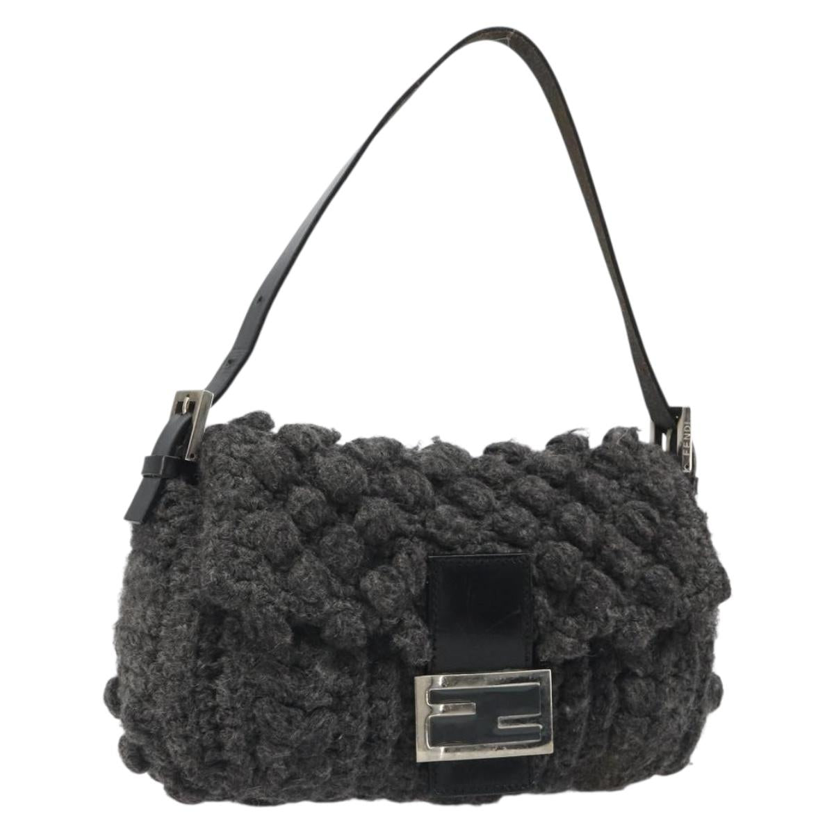 FENDI Mamma Baguette Shoulder Bag Knitted Fabrics Gray Silver Auth mr2538A