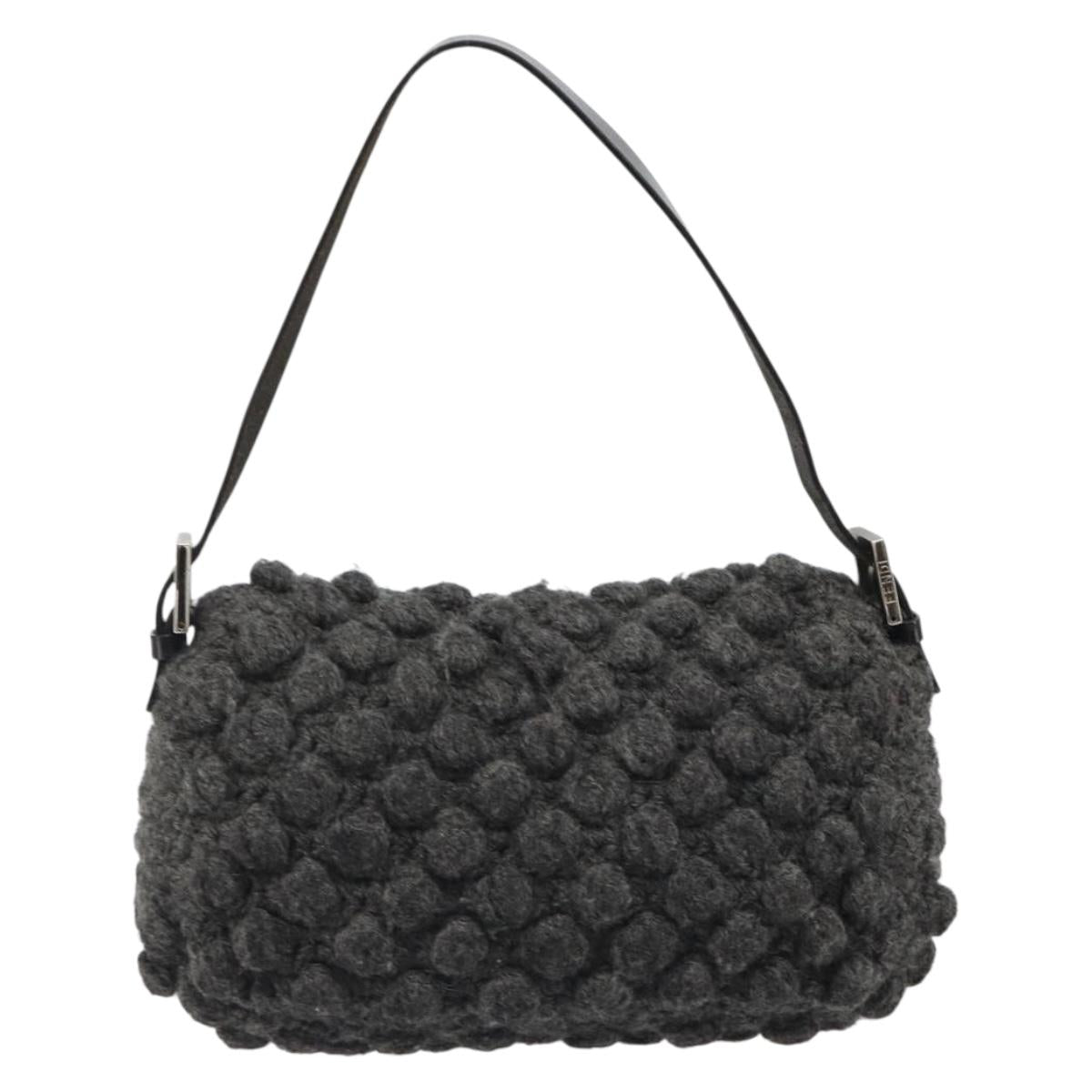 FENDI Mamma Baguette Shoulder Bag Knitted Fabrics Gray Silver Auth mr2538A