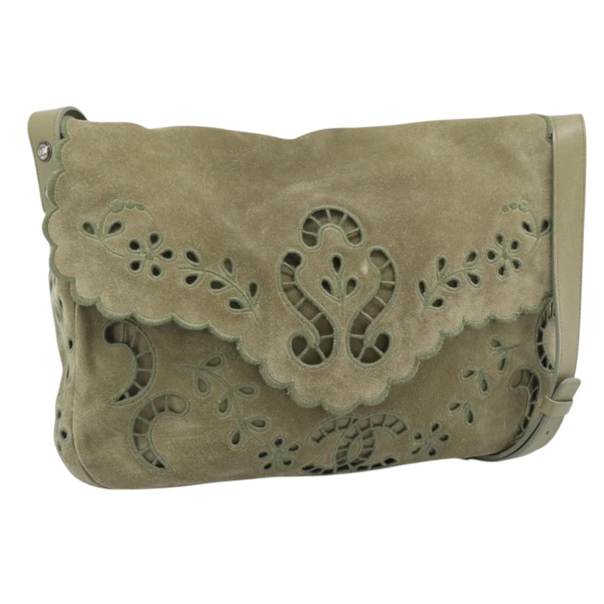 CHANEL Shoulder Bag Suede Leather Khaki Silver CC Auth mr2540A