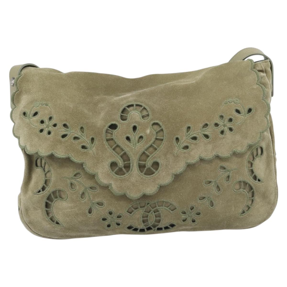CHANEL Shoulder Bag Suede Leather Khaki Silver CC Auth mr2540A