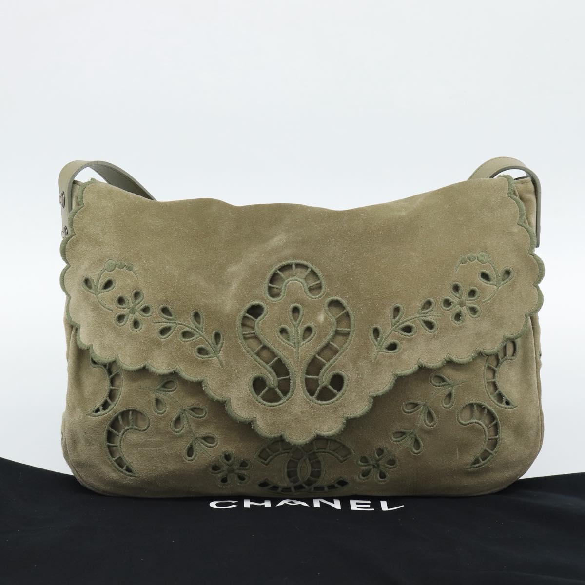 CHANEL Shoulder Bag Suede Leather Khaki Silver CC Auth mr2540A