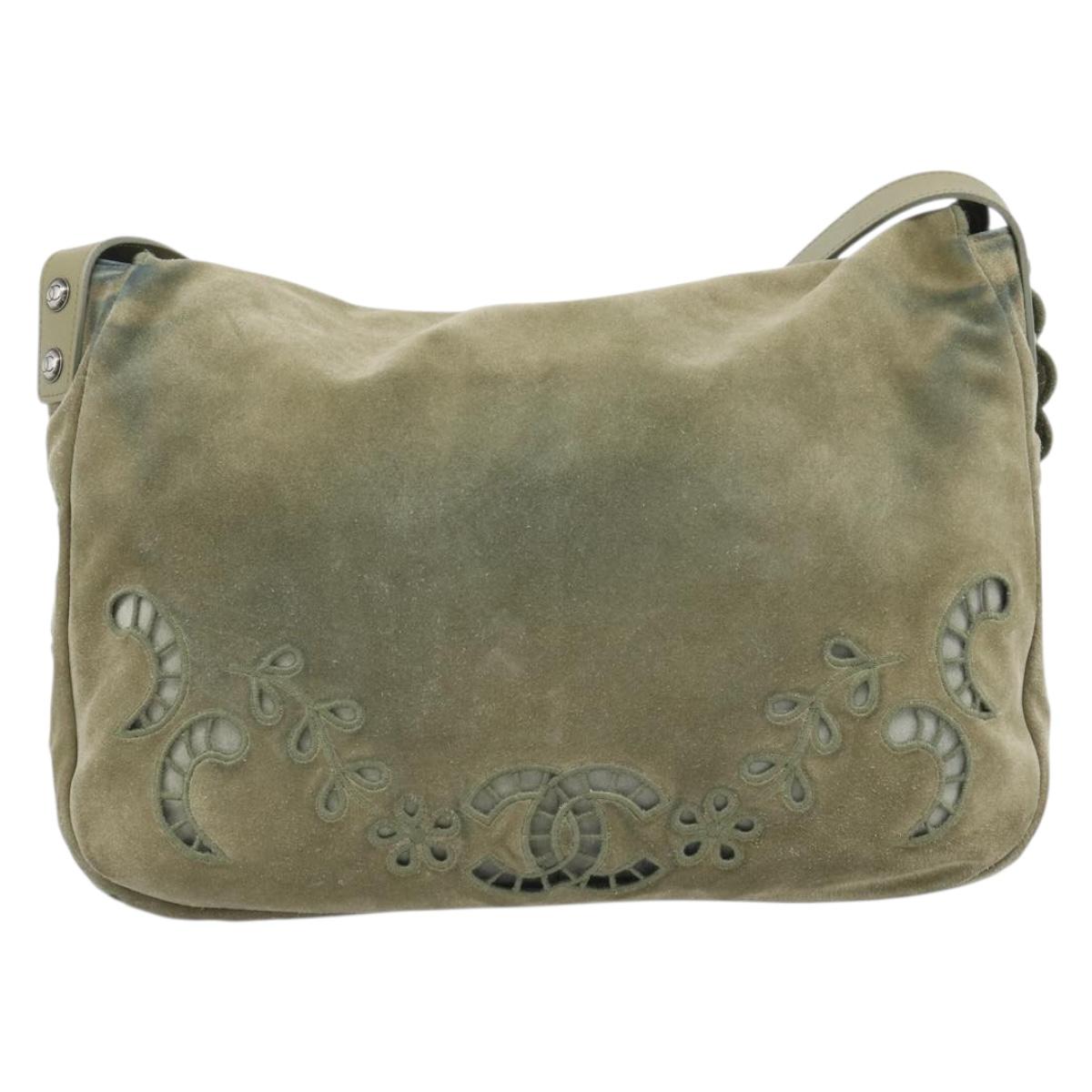 CHANEL Shoulder Bag Suede Leather Khaki Silver CC Auth mr2540A