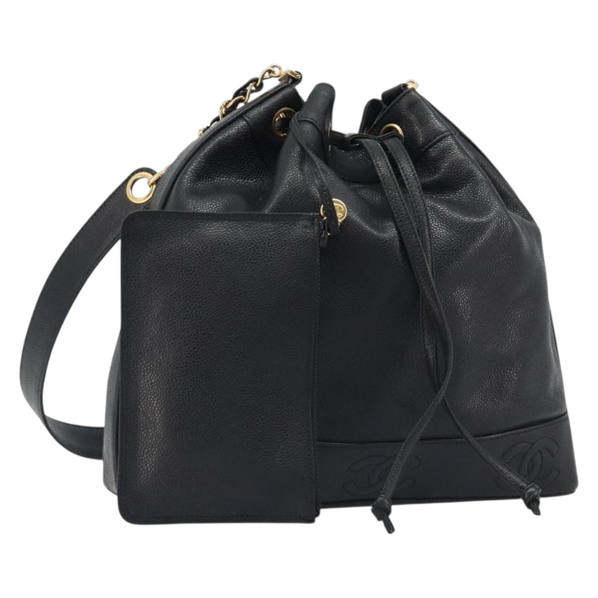 CHANEL Shoulder Bag Caviar Skin Black Gold CC Auth mr2541A