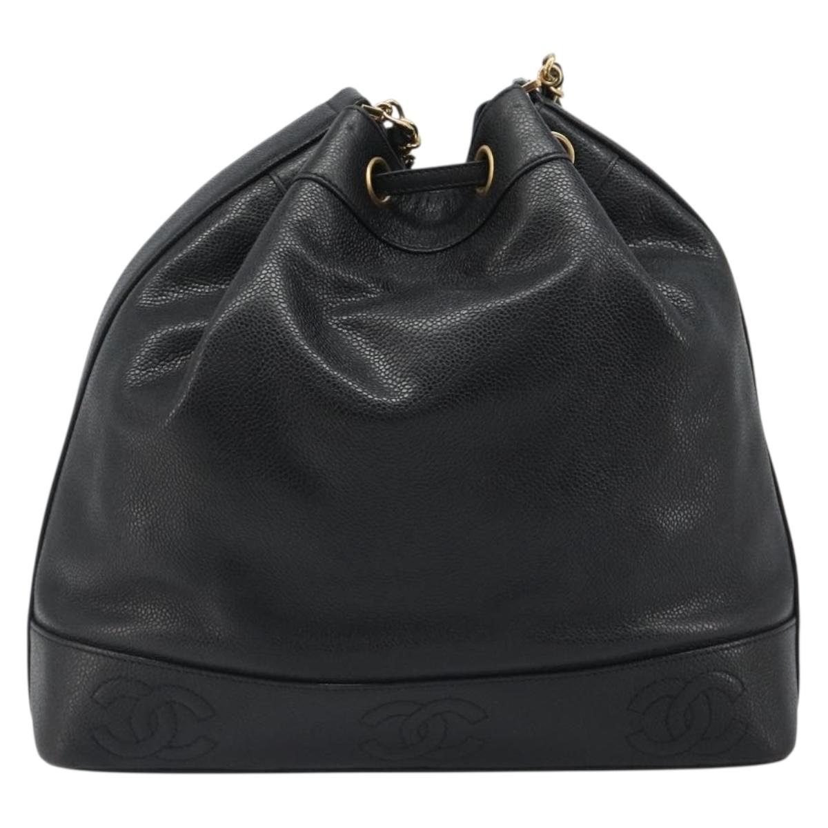 CHANEL Shoulder Bag Caviar Skin Black Gold CC Auth mr2541A