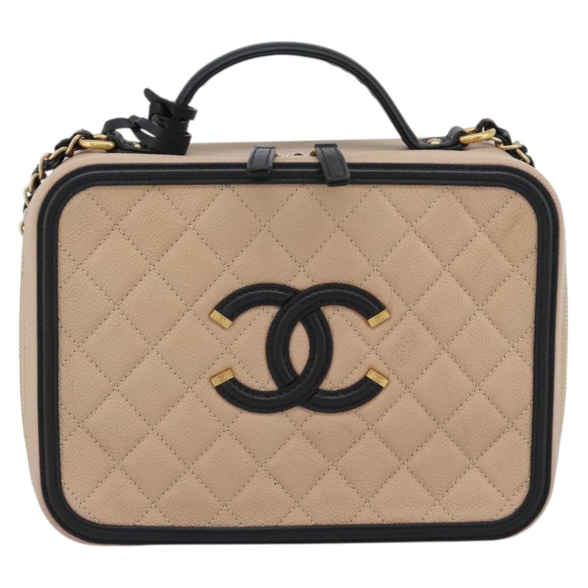 CHANEL CC Filigree Vanity Hand Bag Caviar Skin 2way Beige Gold CC Auth mr2542M