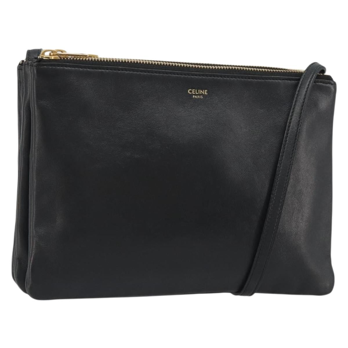 CELINE Trio Shoulder Bag Leather Black Gold Auth mr2544V
