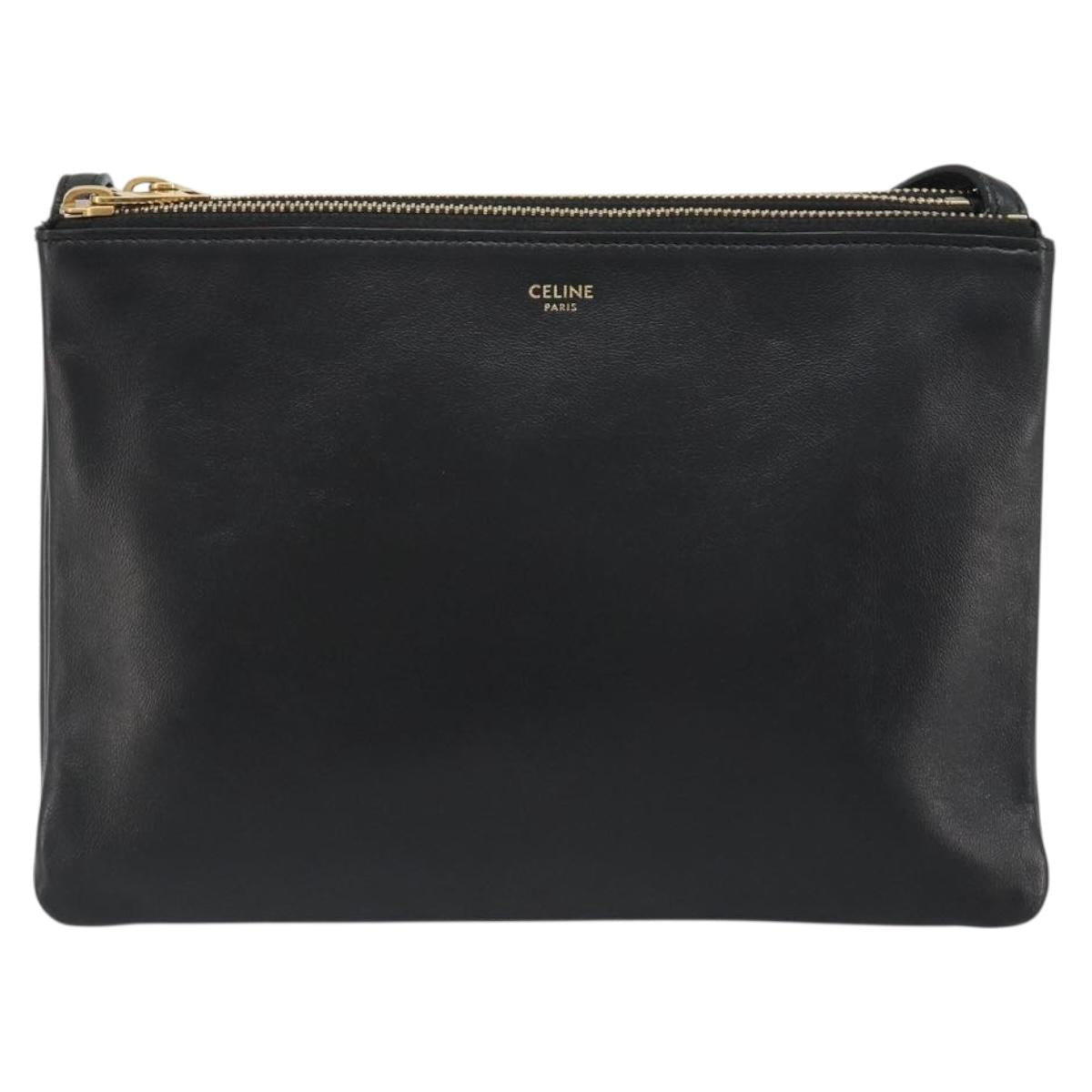 CELINE Trio Shoulder Bag Leather Black Gold Auth mr2544V