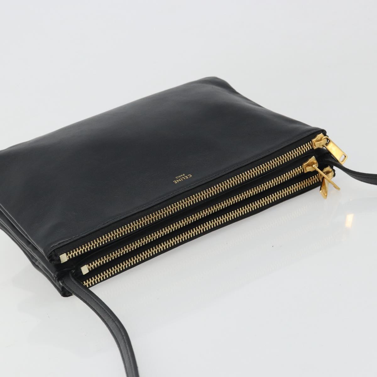 CELINE Trio Shoulder Bag Leather Black Gold Auth mr2544V
