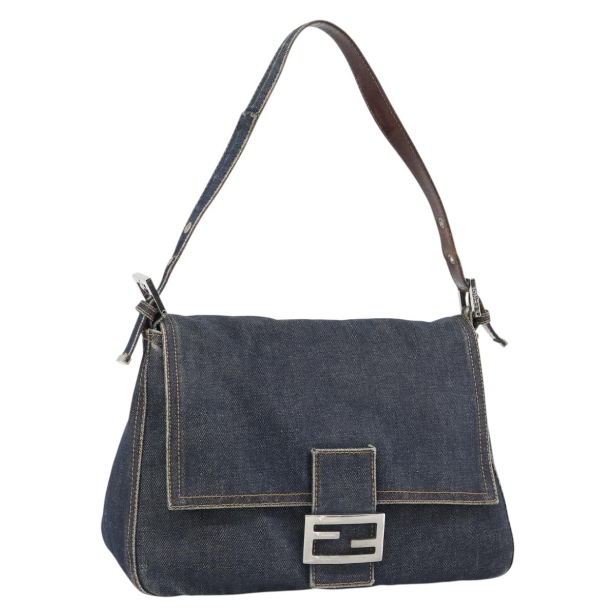FENDI Mamma Baguette Shoulder Bag Denim Blue Silver Auth mr2547V