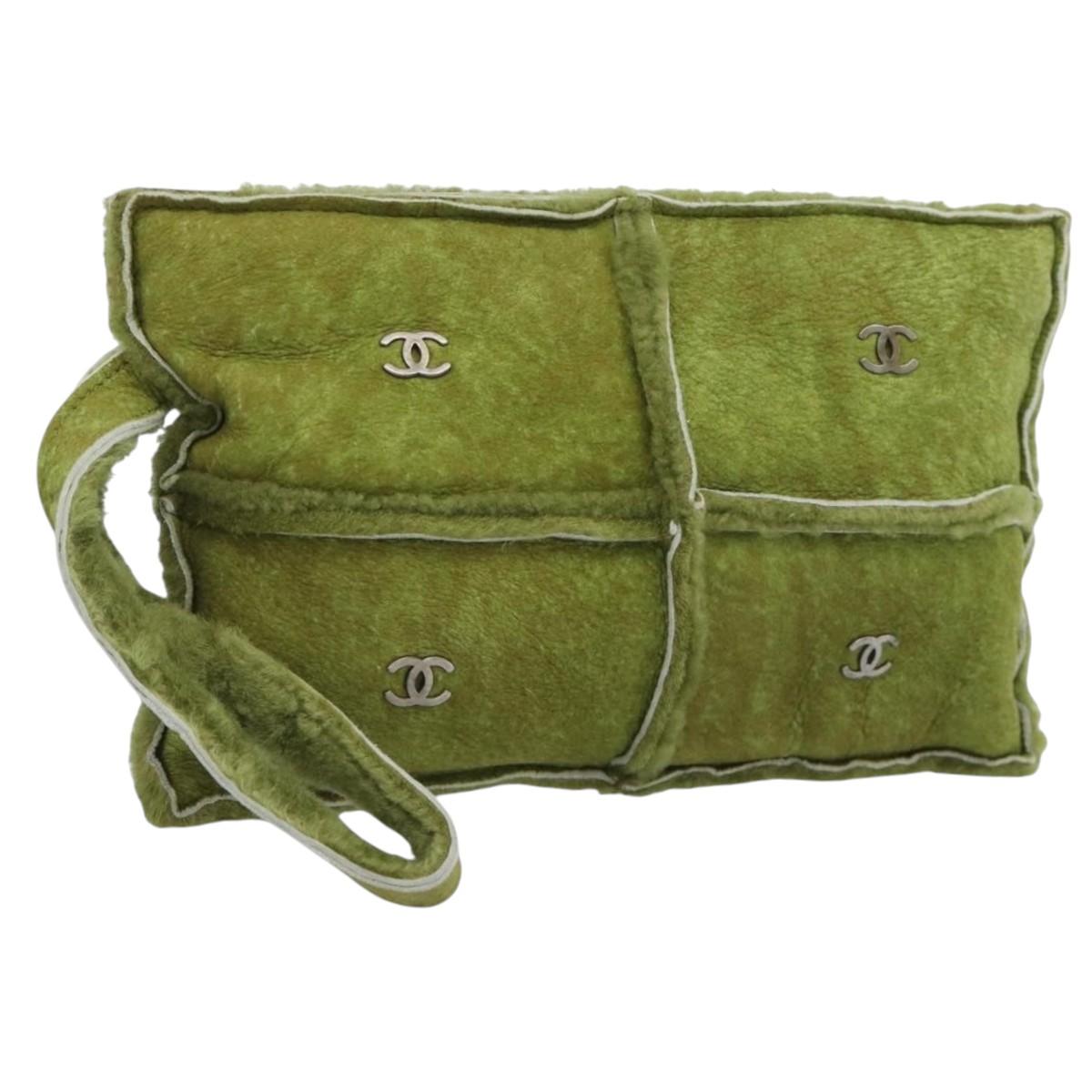 CHANEL Clutch Bag Mouton Green Silver CC Auth mr2548A