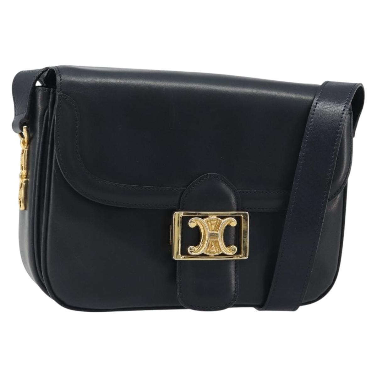 CELINE Shoulder Bag Leather Navy Gold Auth mr2557A