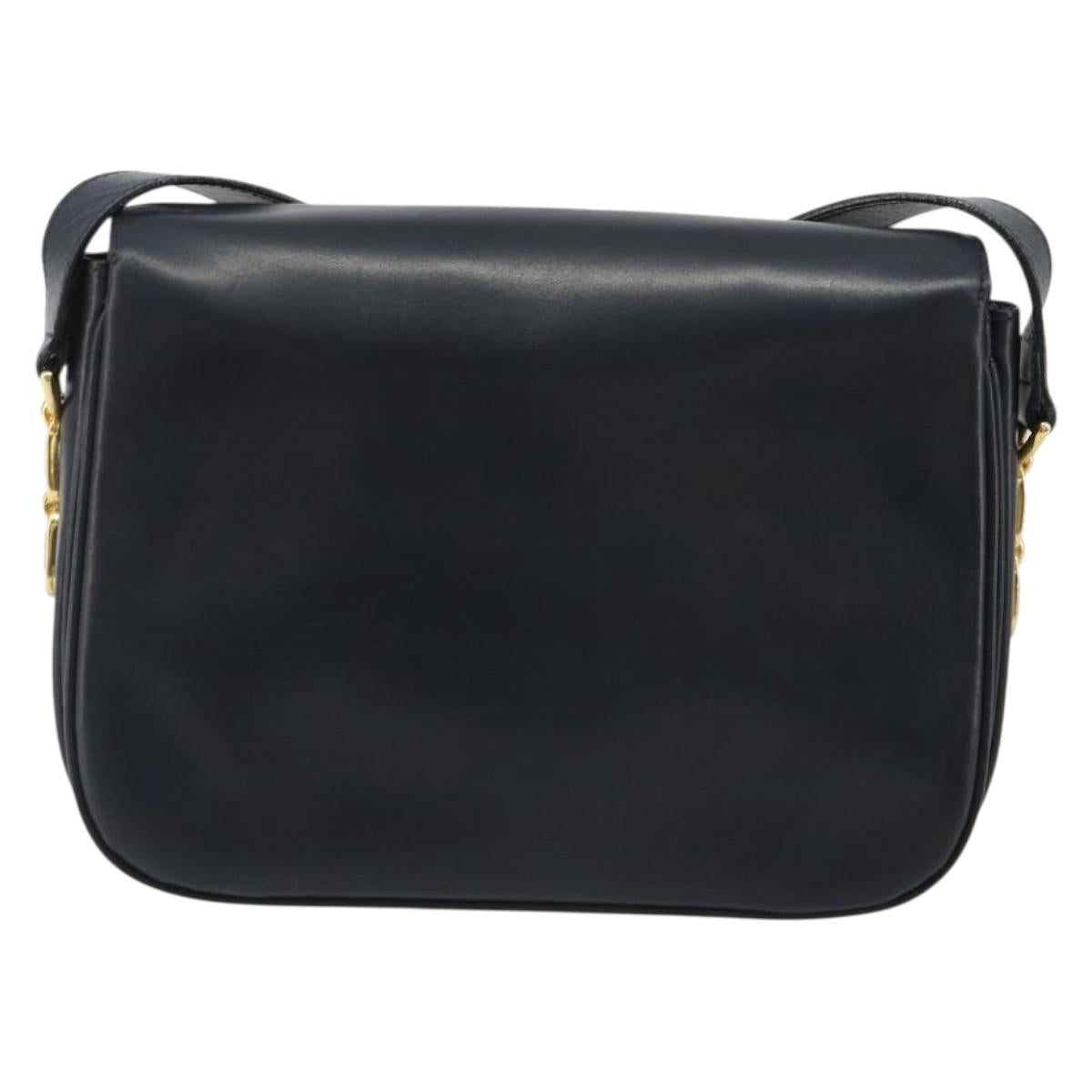 CELINE Shoulder Bag Leather Navy Gold Auth mr2557A