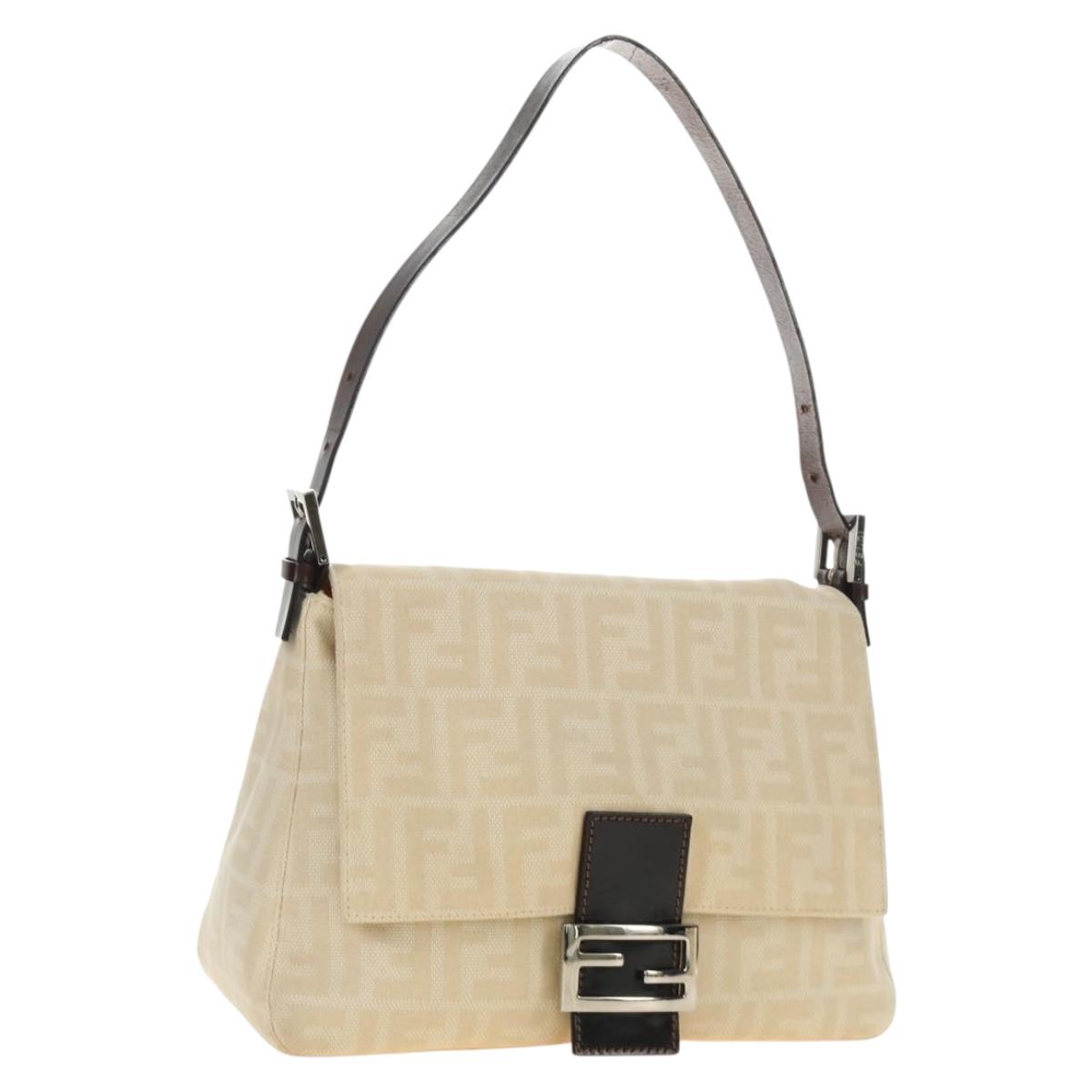 FENDI Zucca Canvas Mamma Baguette Shoulder Bag Beige Silver Auth mr2561M