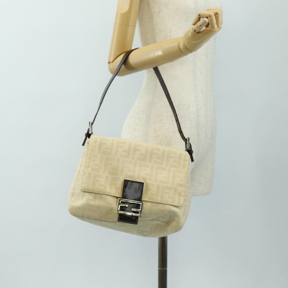 FENDI Zucca Canvas Mamma Baguette Shoulder Bag Beige Silver Auth mr2561M