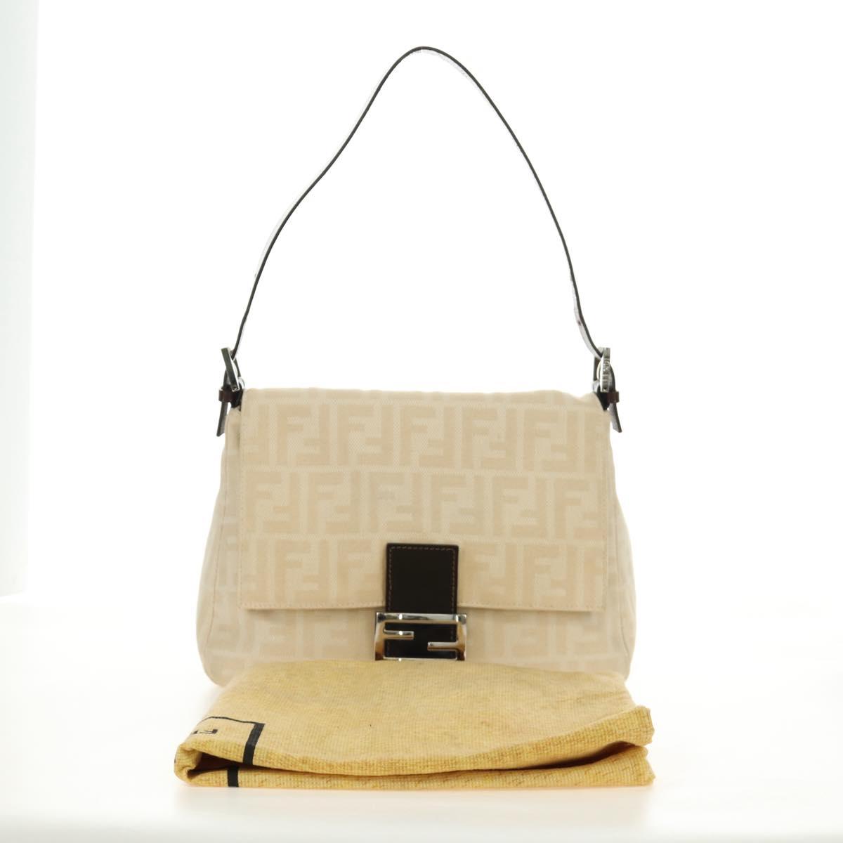 FENDI Zucca Canvas Mamma Baguette Shoulder Bag Beige Silver Auth mr2561M