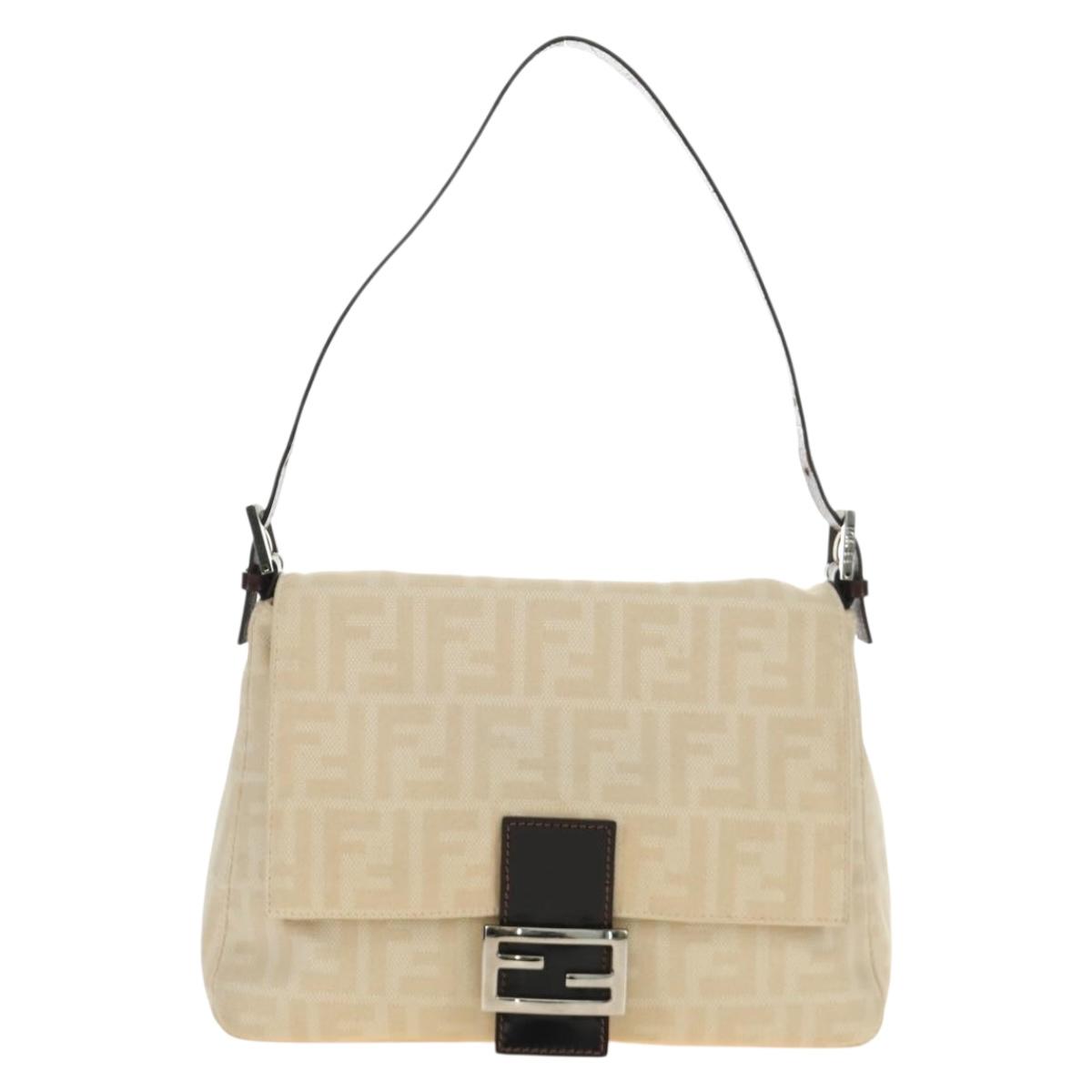 FENDI Zucca Canvas Mamma Baguette Shoulder Bag Beige Silver Auth mr2561M