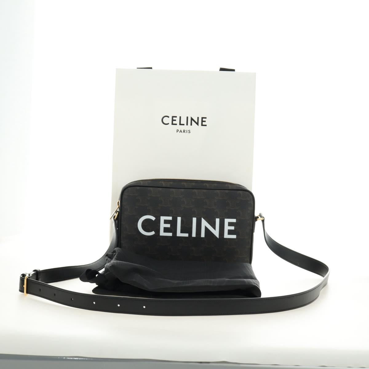 CELINE Triomphe Medium Messenger Bag Shoulder Bag PVC Black Gold Auth mr2571SAM