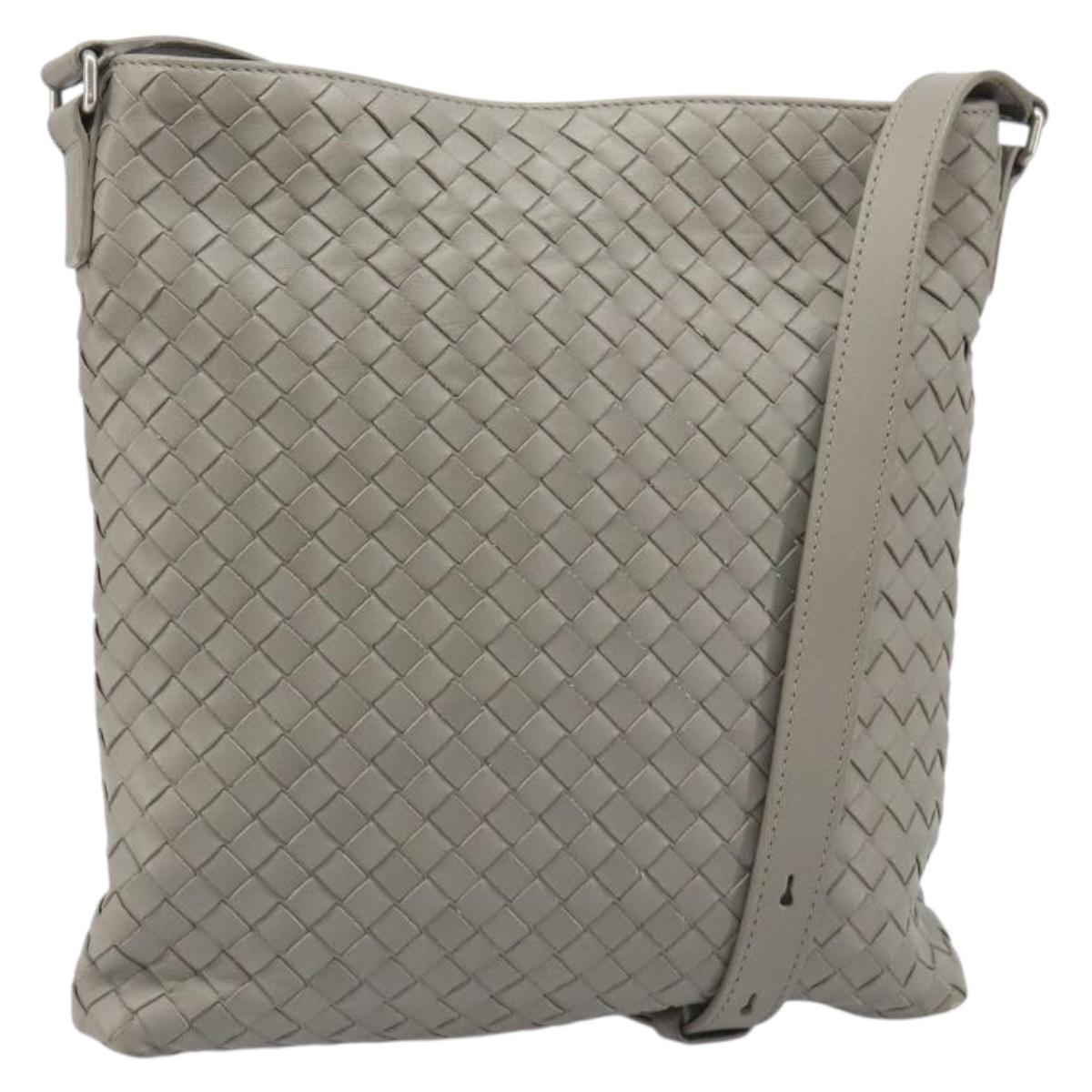 BOTTEGA VENETA INTRECCIATO Shoulder Bag Leather Gray Silver Auth mr2576A