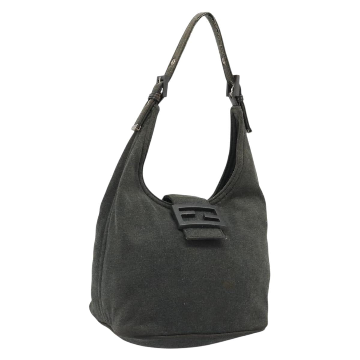 FENDI Hand Bag Cotton Jersey Black Silver Auth mr2594