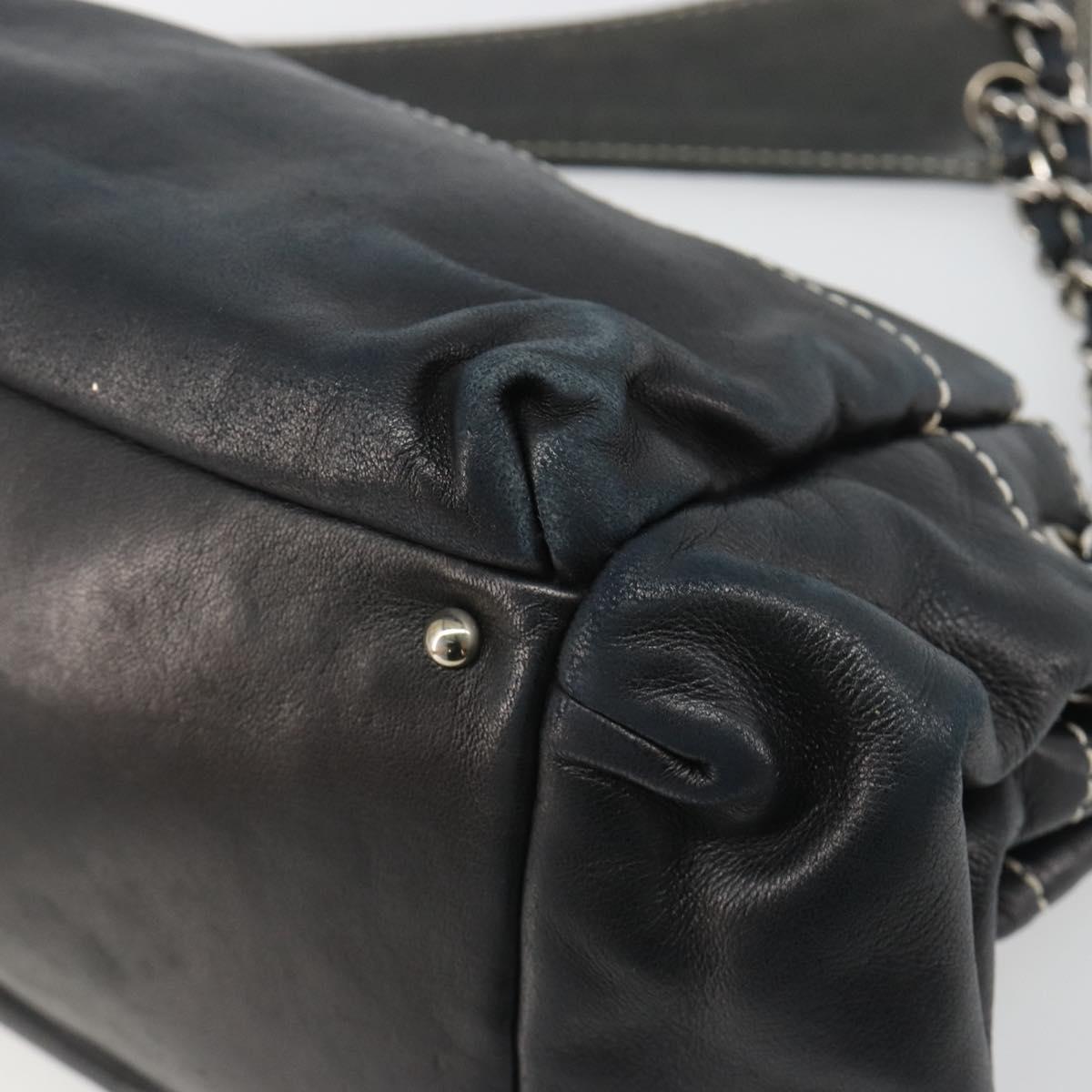 CHANEL Chain Shoulder Bag Lamb Skin Navy Silver CC Auth mr2596A