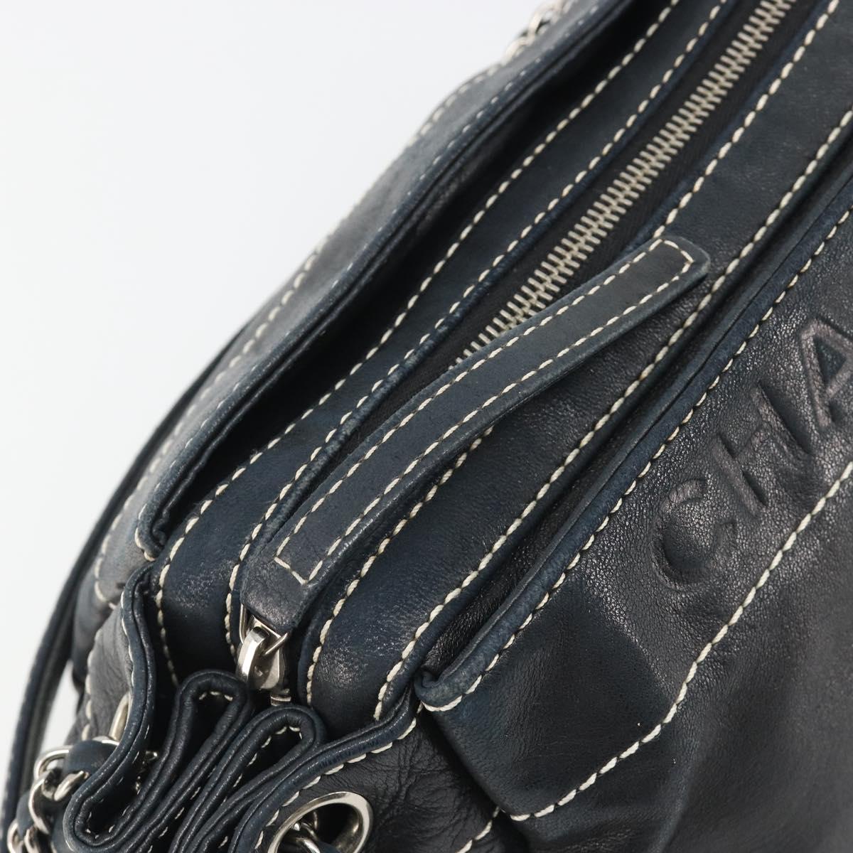 CHANEL Chain Shoulder Bag Lamb Skin Navy Silver CC Auth mr2596A