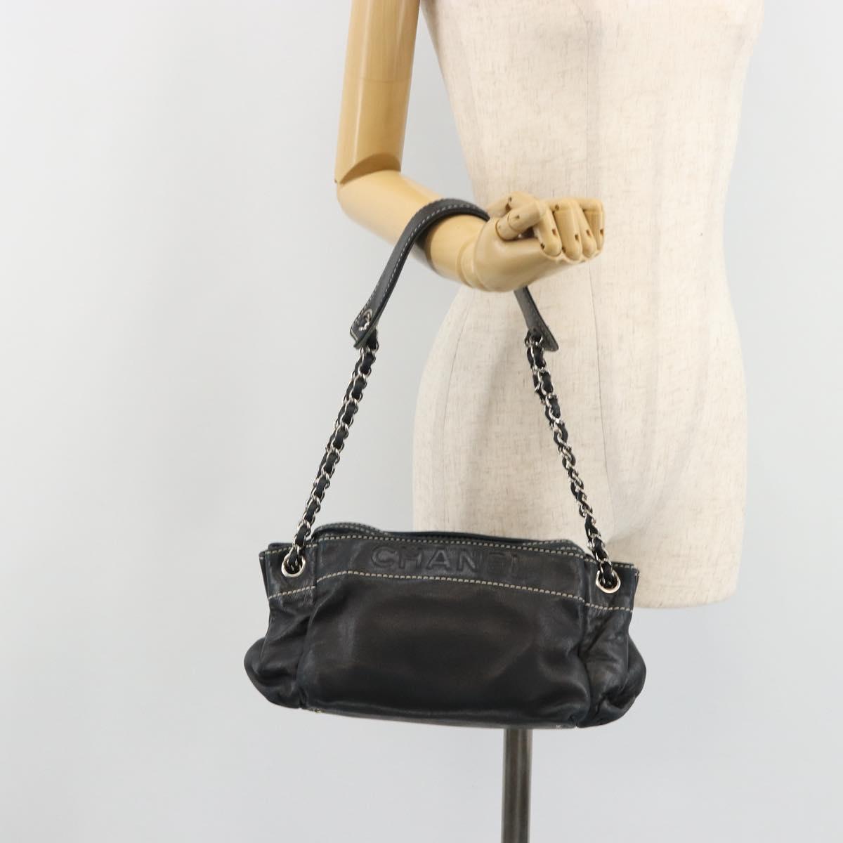 CHANEL Chain Shoulder Bag Lamb Skin Navy Silver CC Auth mr2596A