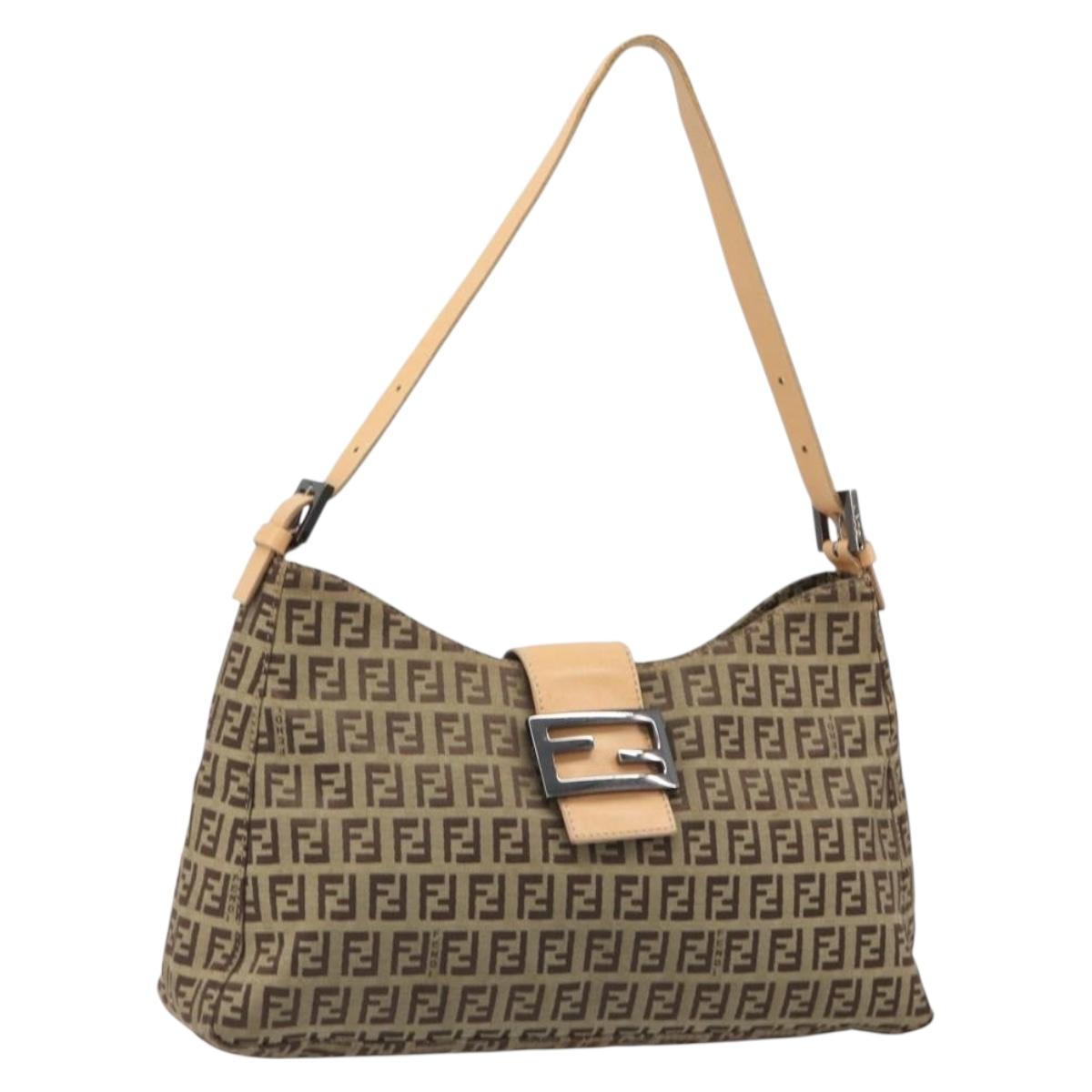 FENDI Zucchino Canvas Mamma Baguette Shoulder Bag Beige Silver Auth mr2597A