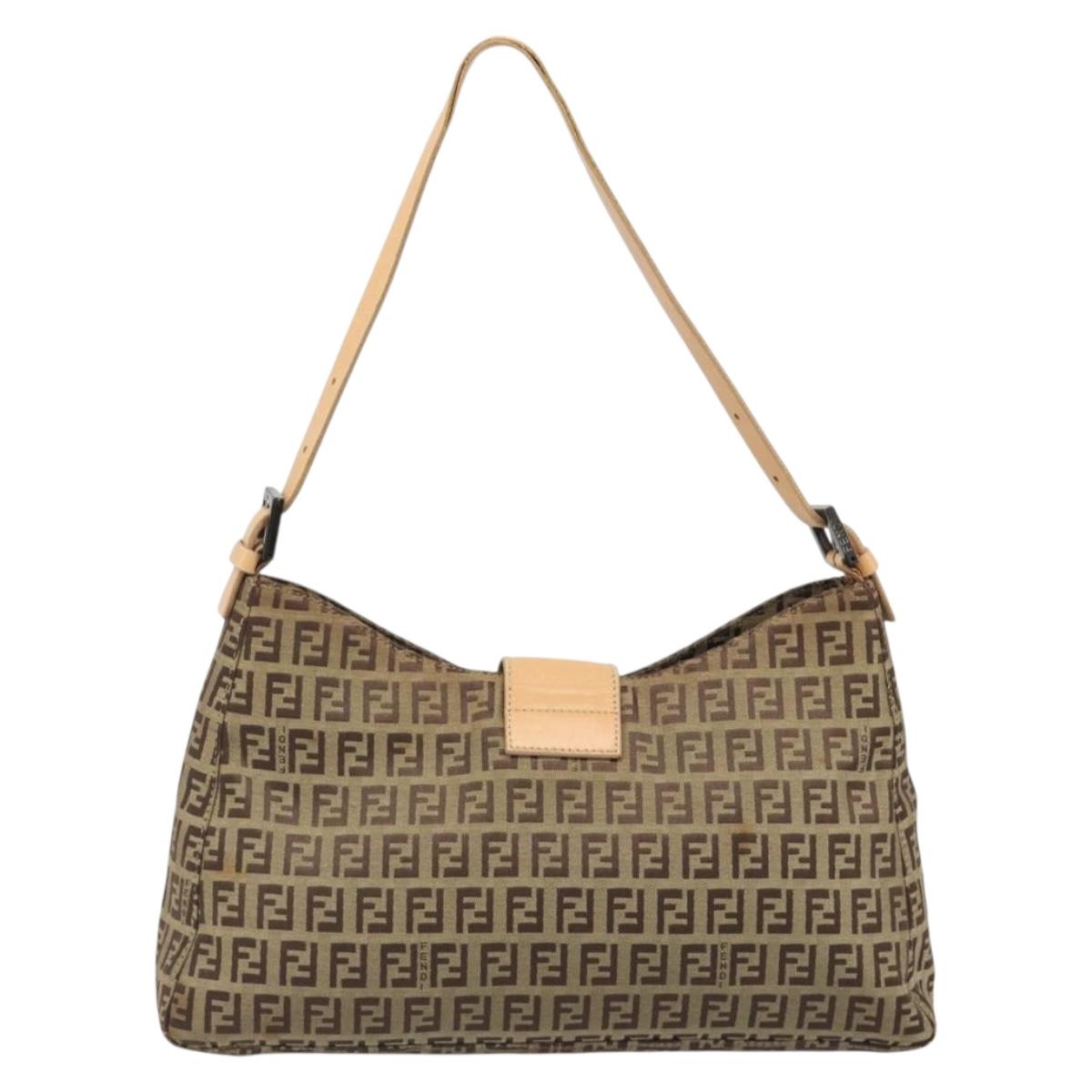 FENDI Zucchino Canvas Mamma Baguette Shoulder Bag Beige Silver Auth mr2597A