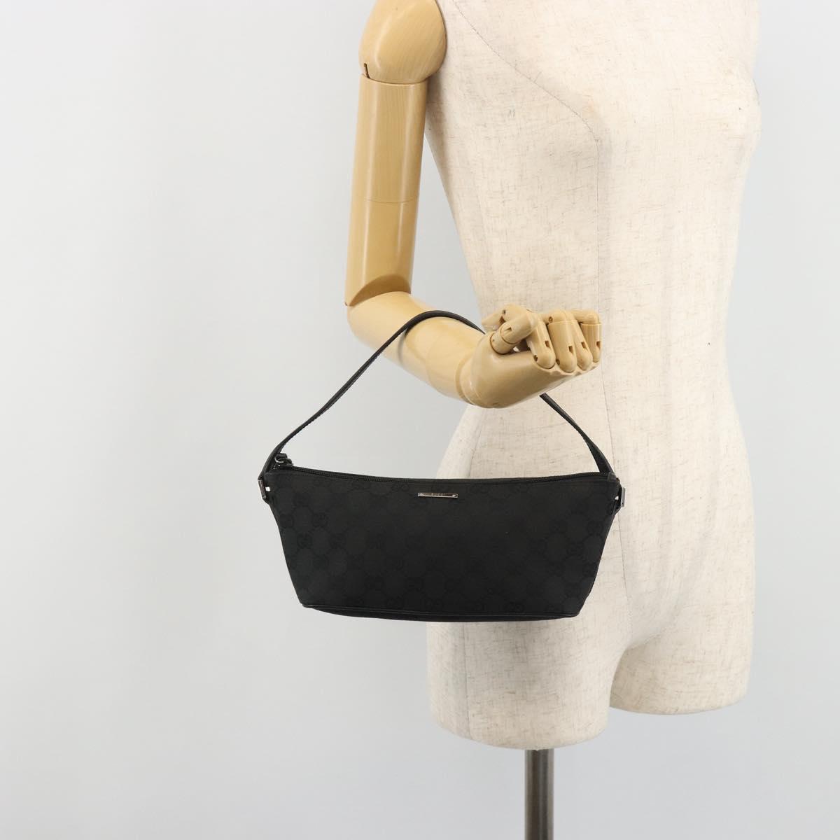 GUCCI GG Canvas Hand Pouch Black Silver 07198 Auth mr2600A