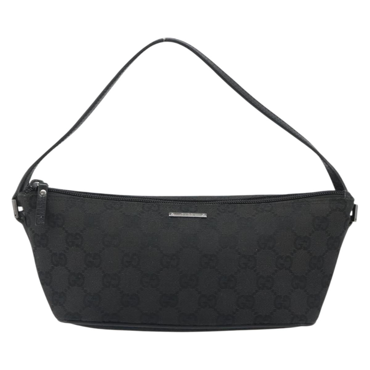 GUCCI GG Canvas Hand Pouch Black Silver 07198 Auth mr2600A
