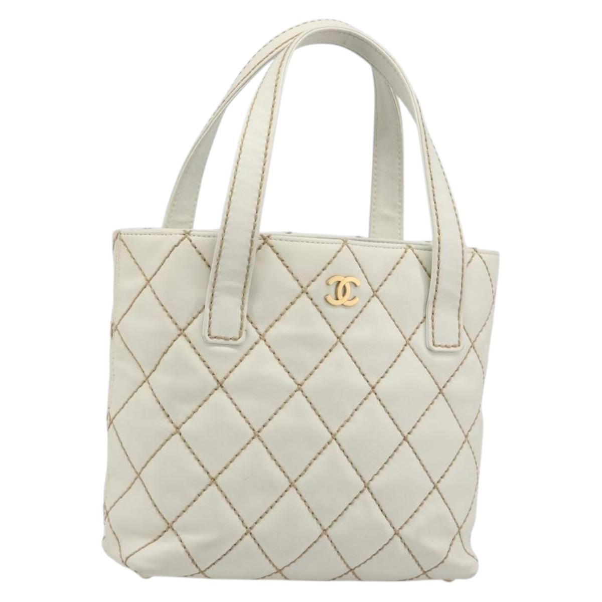 CHANEL Wild stitch Hand Bag Leather White Gold CC Auth mr2601A