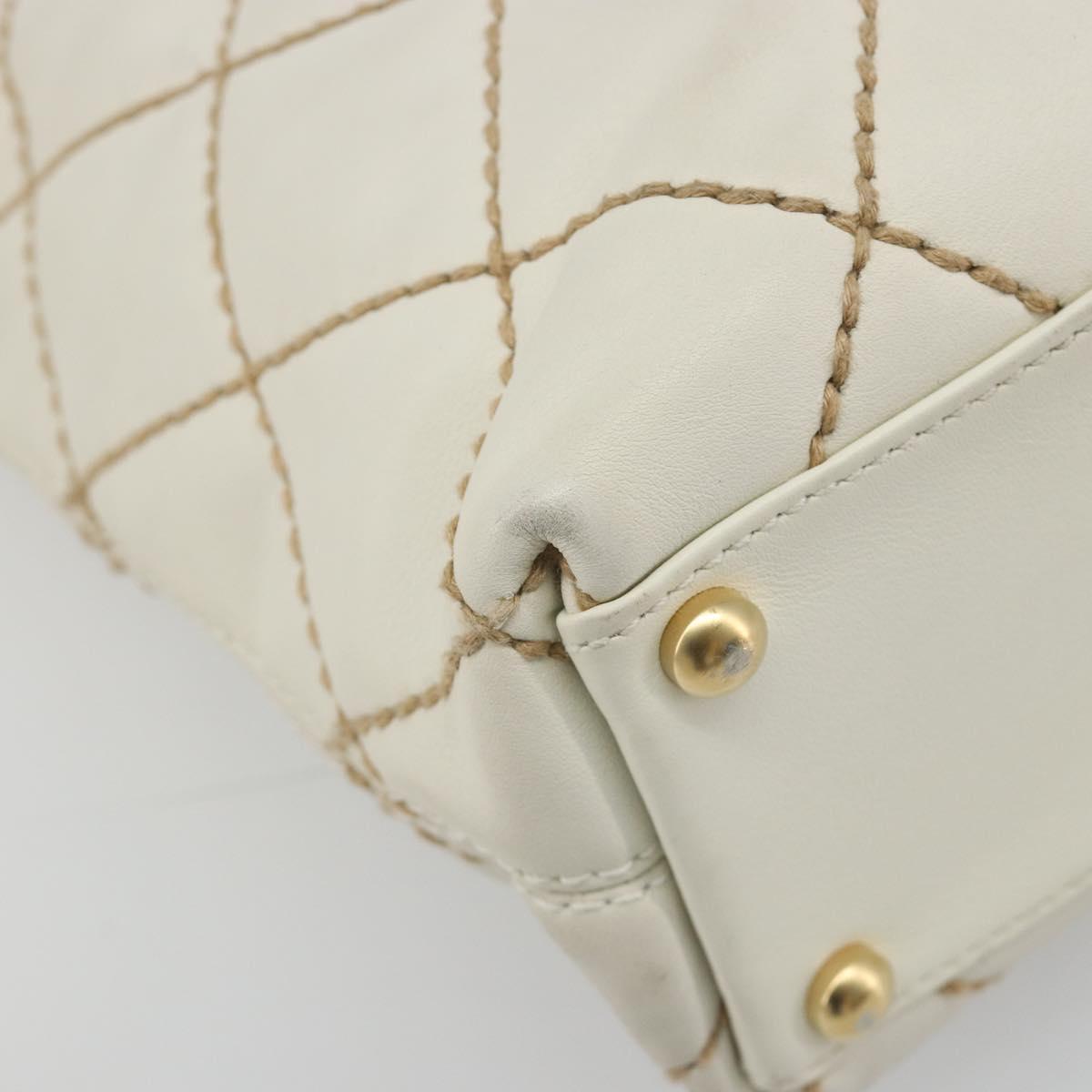 CHANEL Wild stitch Hand Bag Leather White Gold CC Auth mr2601A