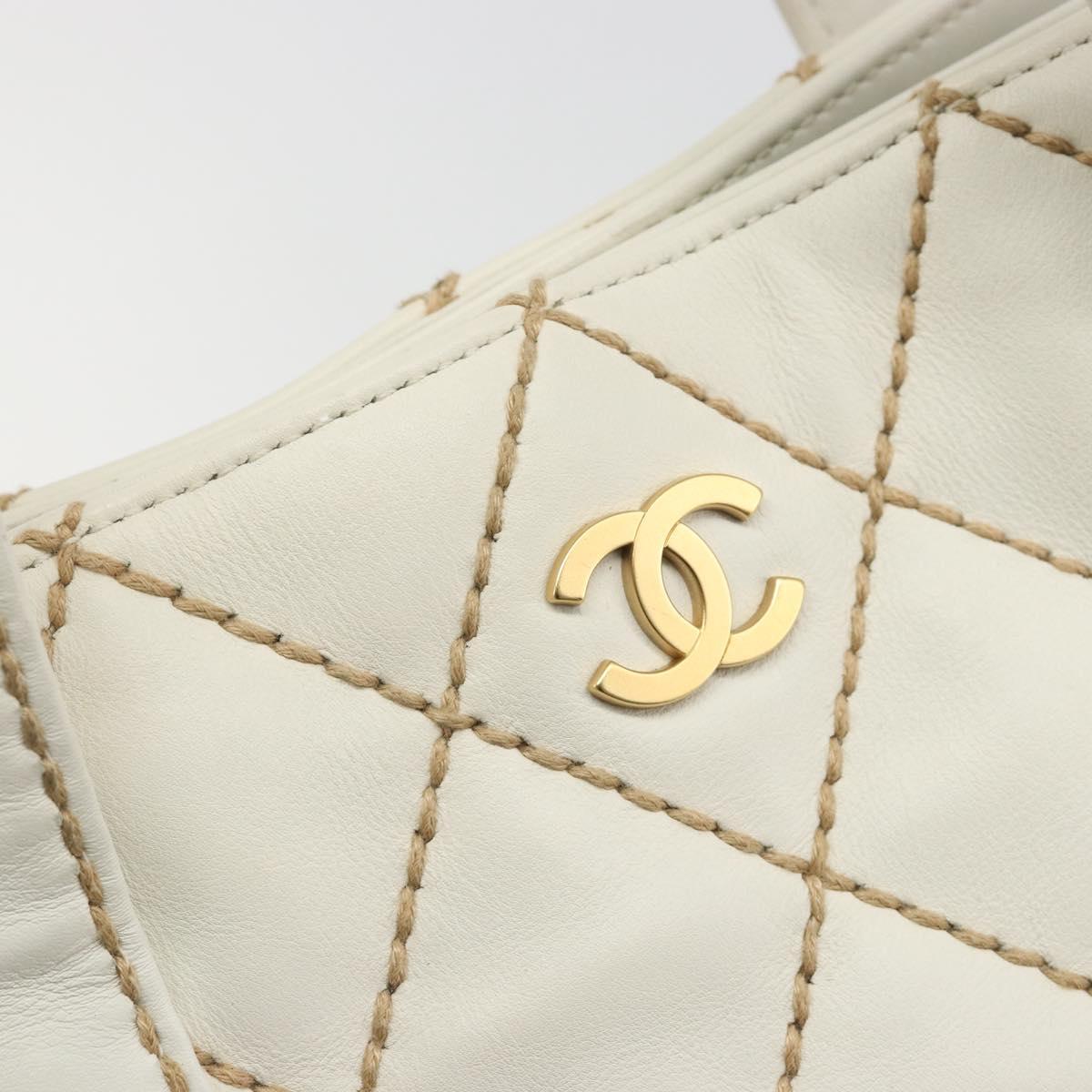 CHANEL Wild stitch Hand Bag Leather White Gold CC Auth mr2601A
