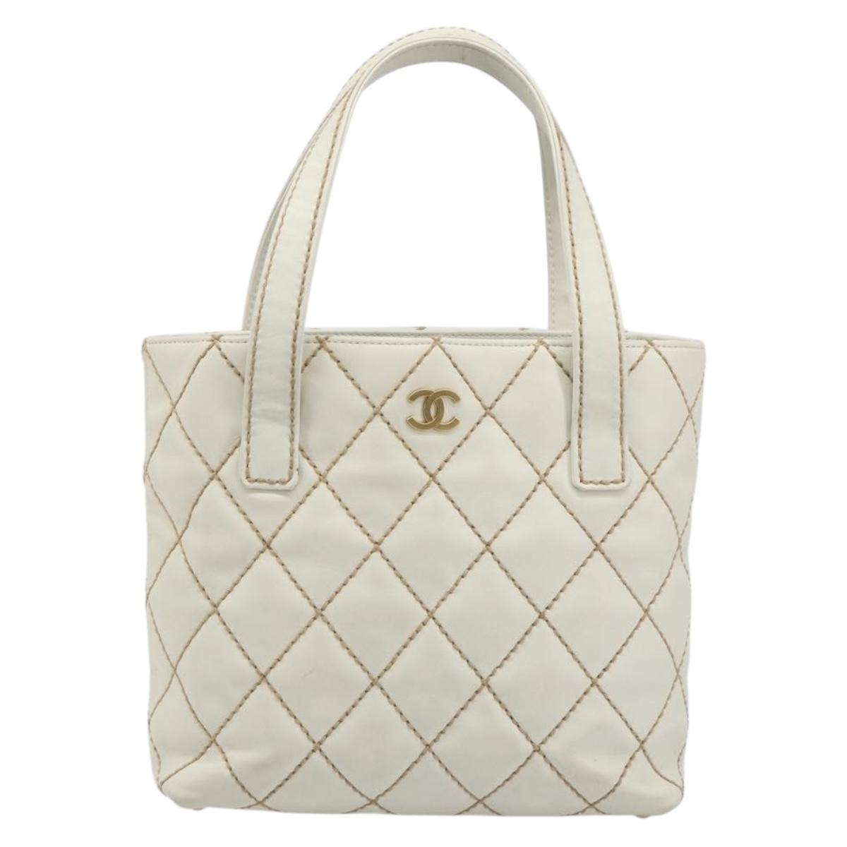 CHANEL Wild stitch Hand Bag Leather White Gold CC Auth mr2601A