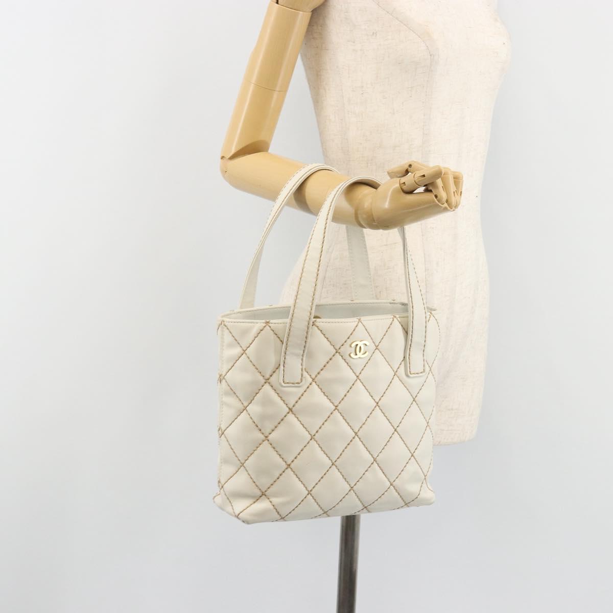 CHANEL Wild stitch Hand Bag Leather White Gold CC Auth mr2601A
