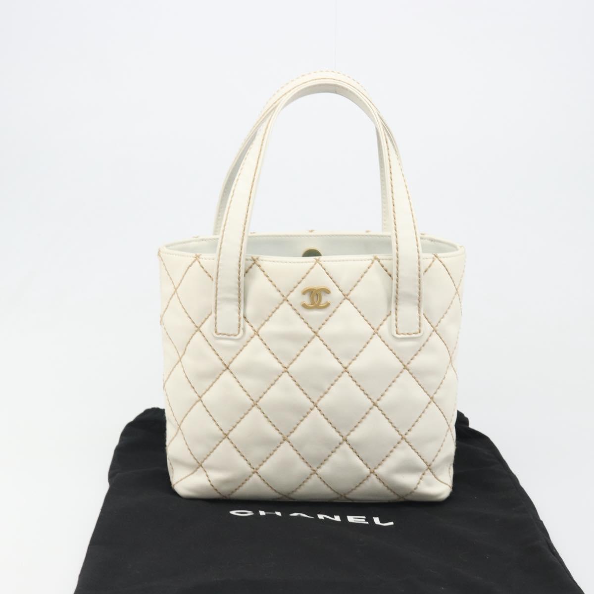 CHANEL Wild stitch Hand Bag Leather White Gold CC Auth mr2601A